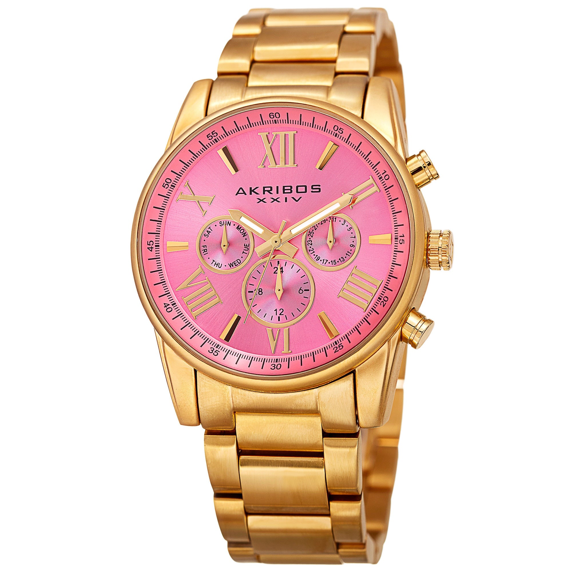Akribos Xxiv Womens Swiss Quartz Multifunction Pink Gold Tone Stainless Steel Bracelet Watch
