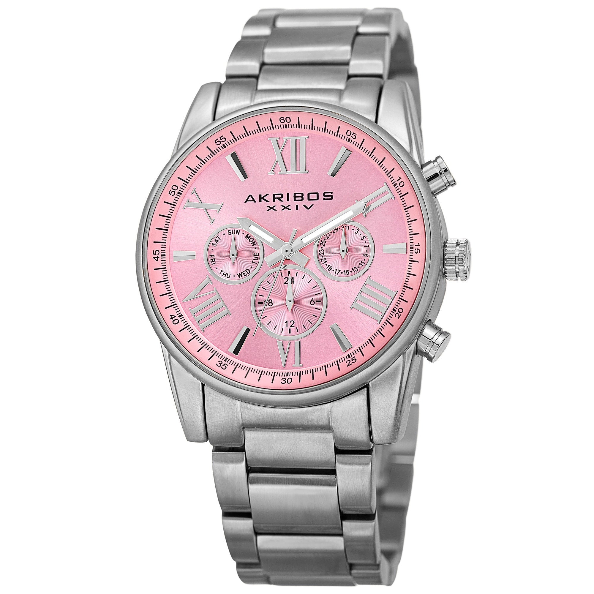 Akribos Xxiv Womens Swiss Quartz Multifunction Pink Silver Tone Stainless Steel Bracelet Watch