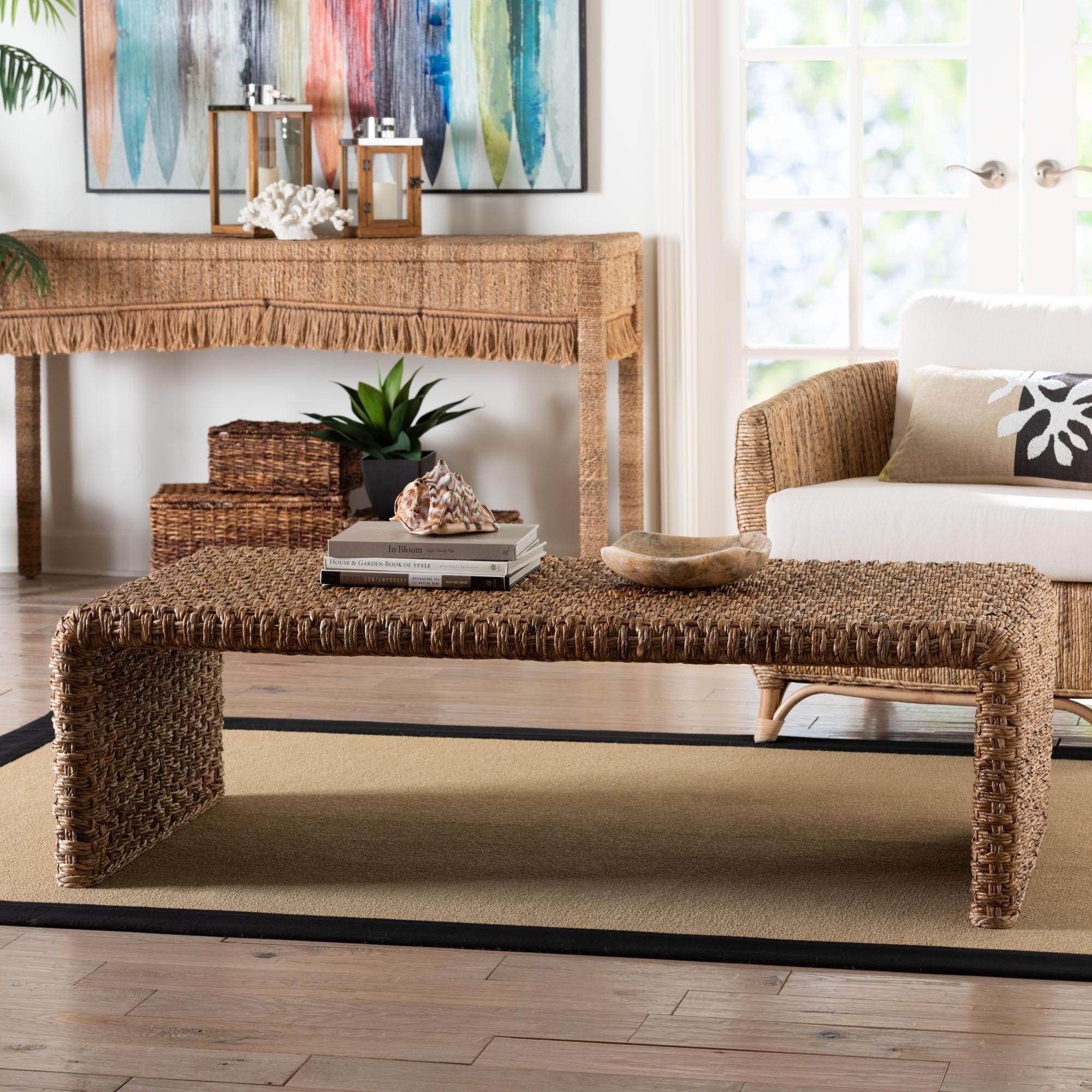 Alda Handwoven Seagrass Coffee Table Rustic Wicker Waterfall Accent Table For Living Room Or Sunroom