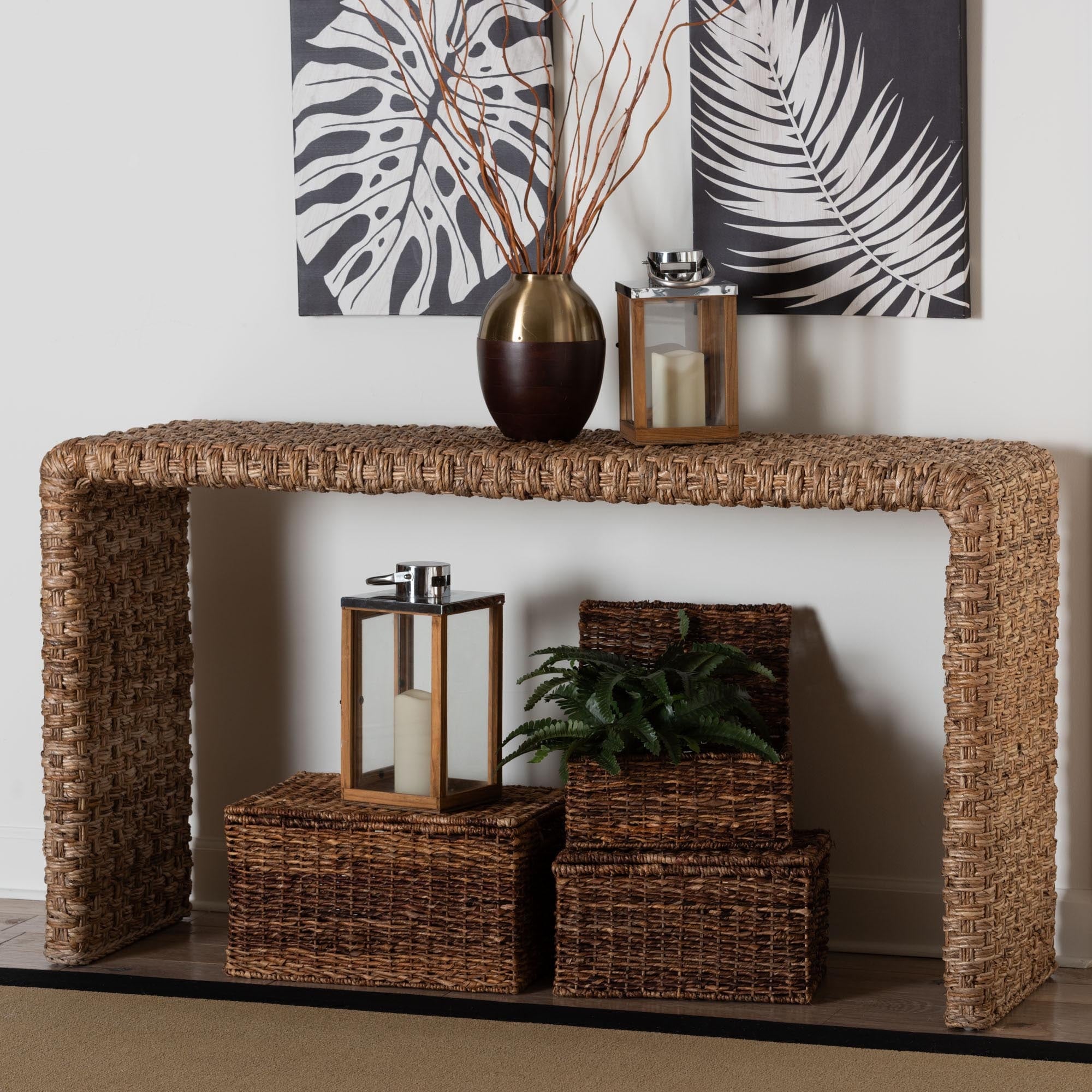 Alda Handwoven Seagrass Console Table Rustic Wicker Waterfall Accent Table For Living Room Hallway Or Entryway