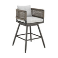 Alegria Outdoor Patio Swivel Counter Or Bar Stool In Aluminum With Gray Rope And Light Gray Cushions