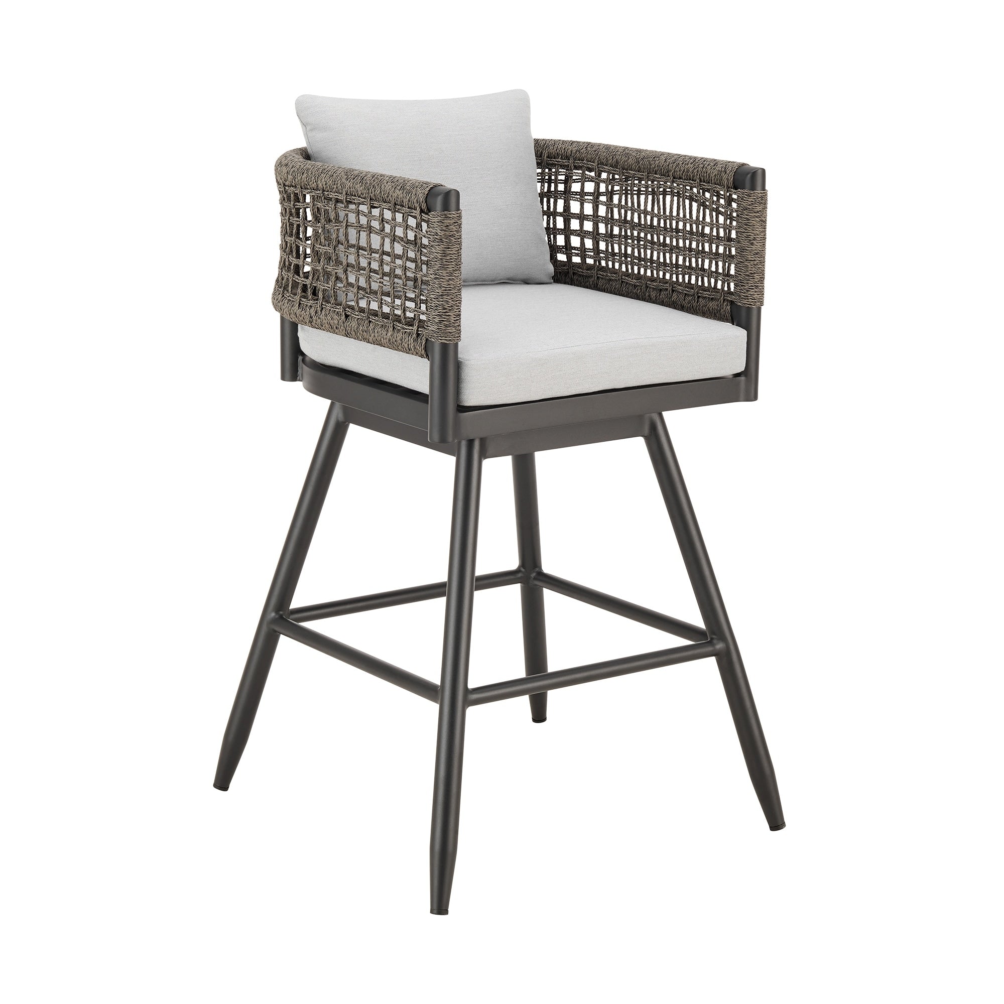 Alegria Outdoor Patio Swivel Counter Or Bar Stool In Aluminum With Gray Rope And Light Gray Cushions