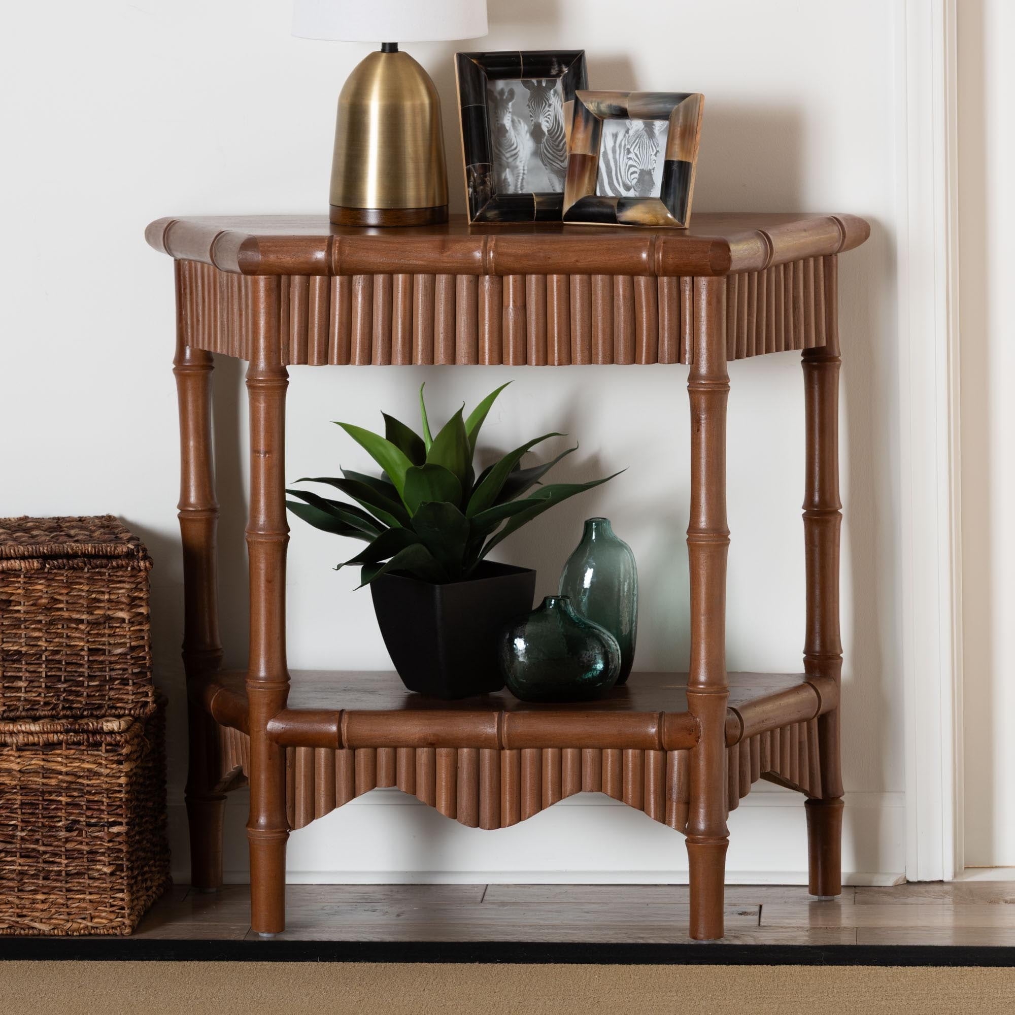 Alessa Mahogany Wood Console Table Fluted Wood Accent Table With Bamboo Motif And Two Tier Display For Living Room Or Entryway