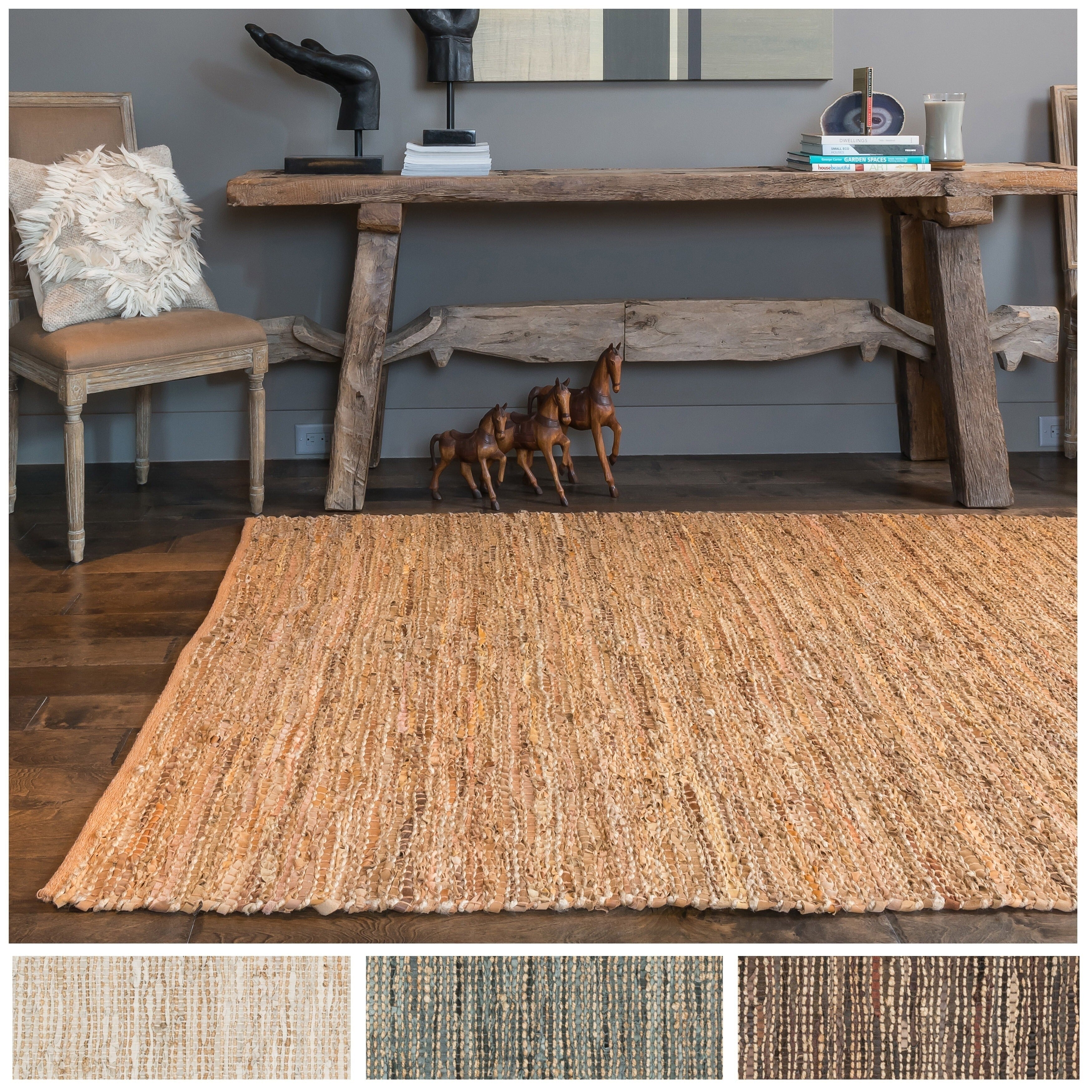 Hand Woven Arrow Earth Tone Leather And Jute Rug 79 X 99