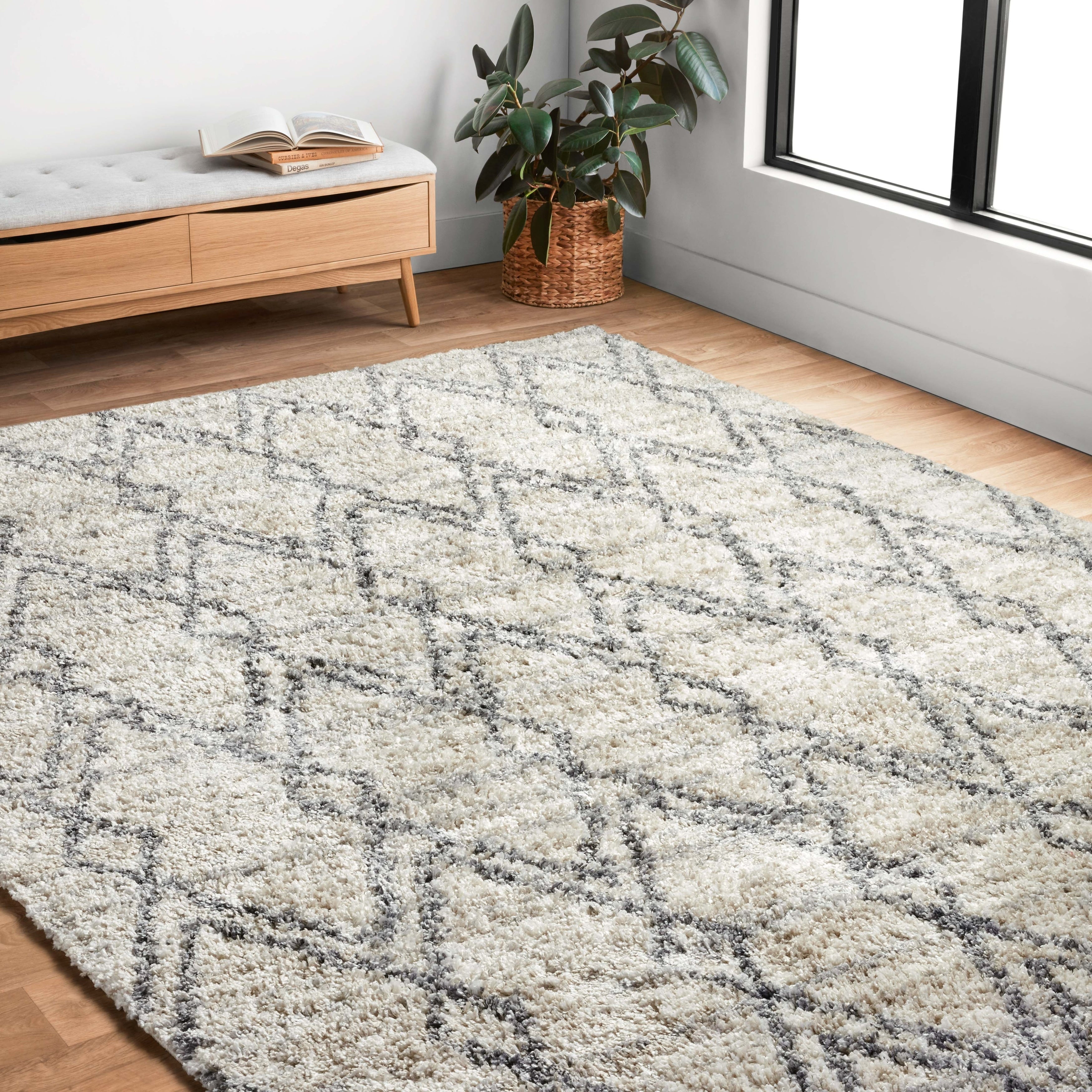 Contemporary Beige Grey Trellis Moroccan Shag Rug 8 10 X 12