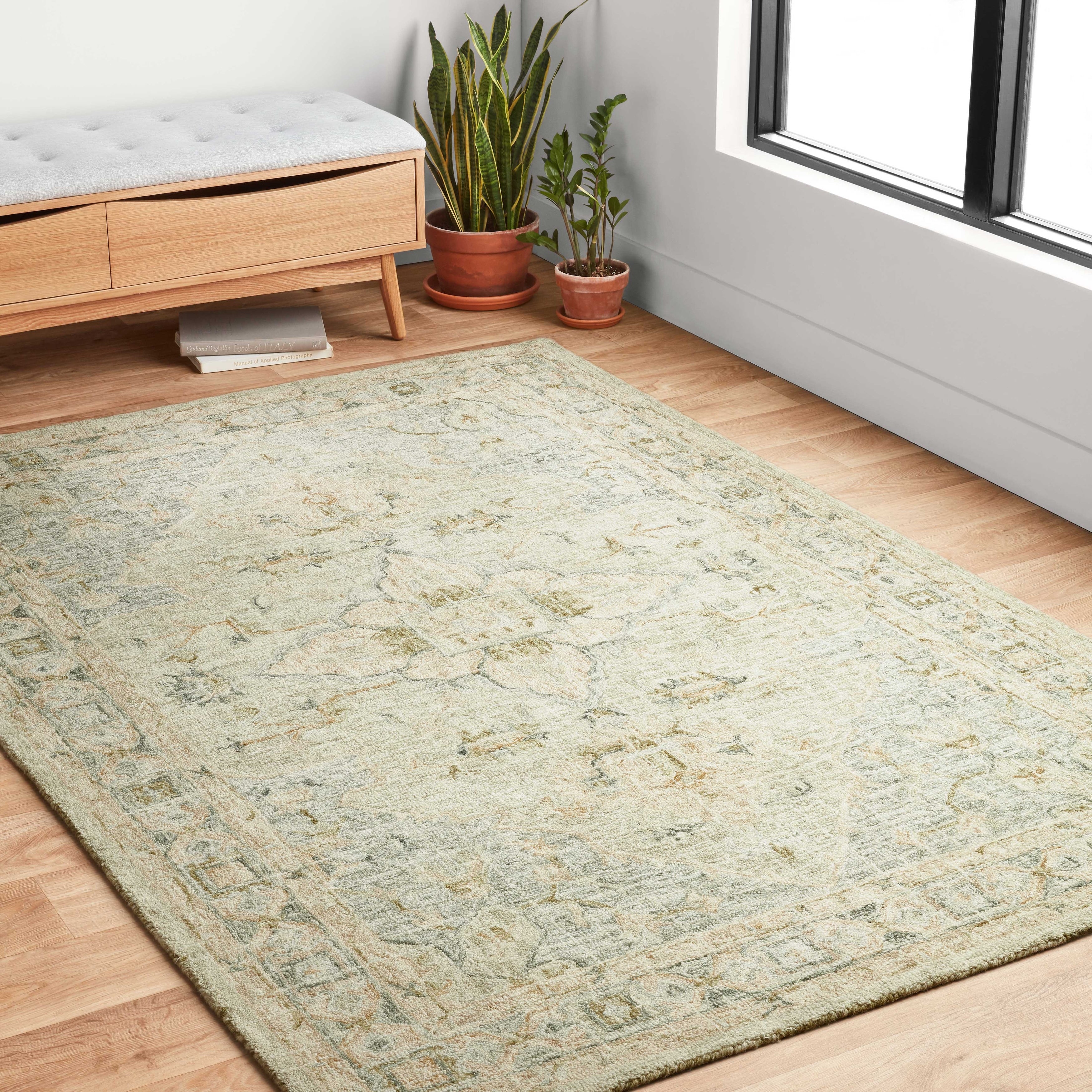 Hand Hooked Traditional Seafoam Green Mosaic Wool Rug 79 X 99