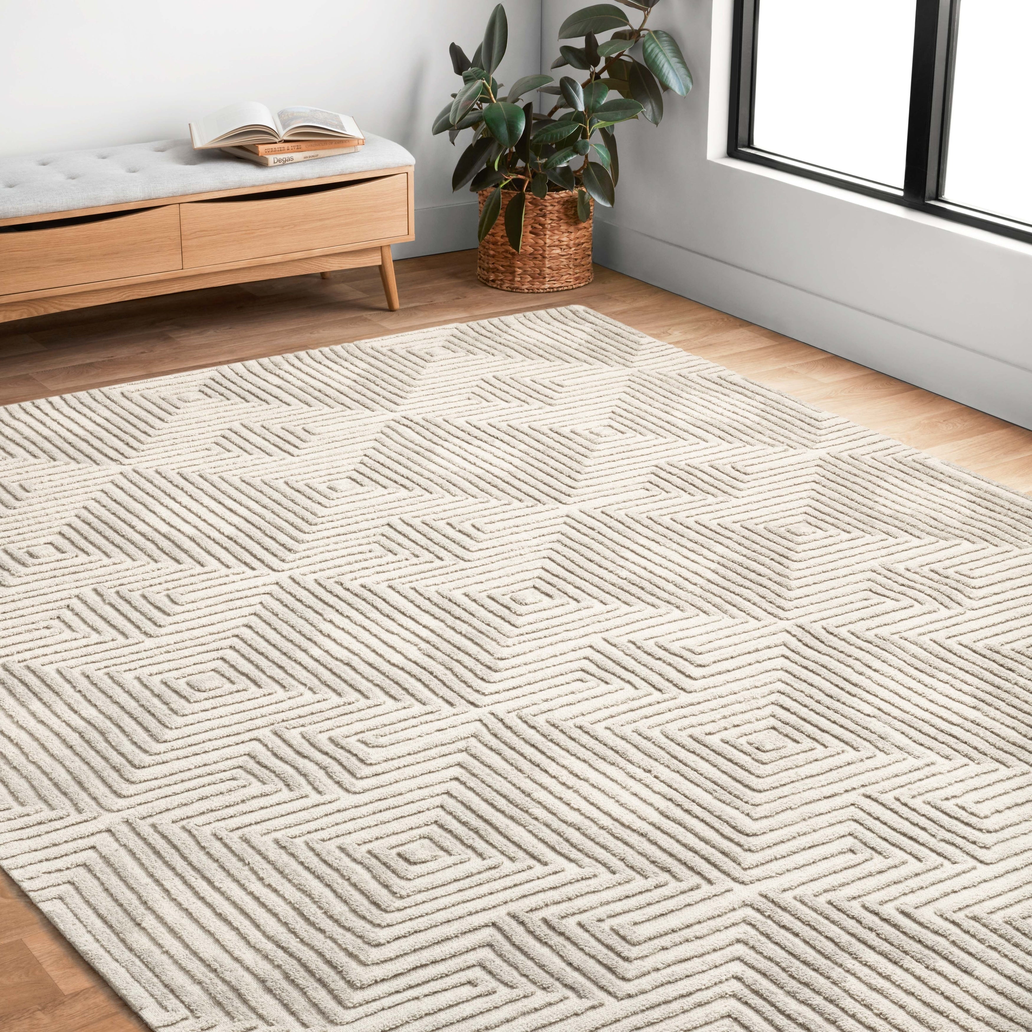 Alexander Home Kanarra Hand Tufted Diamond Farmhouse Natural Wool Rug