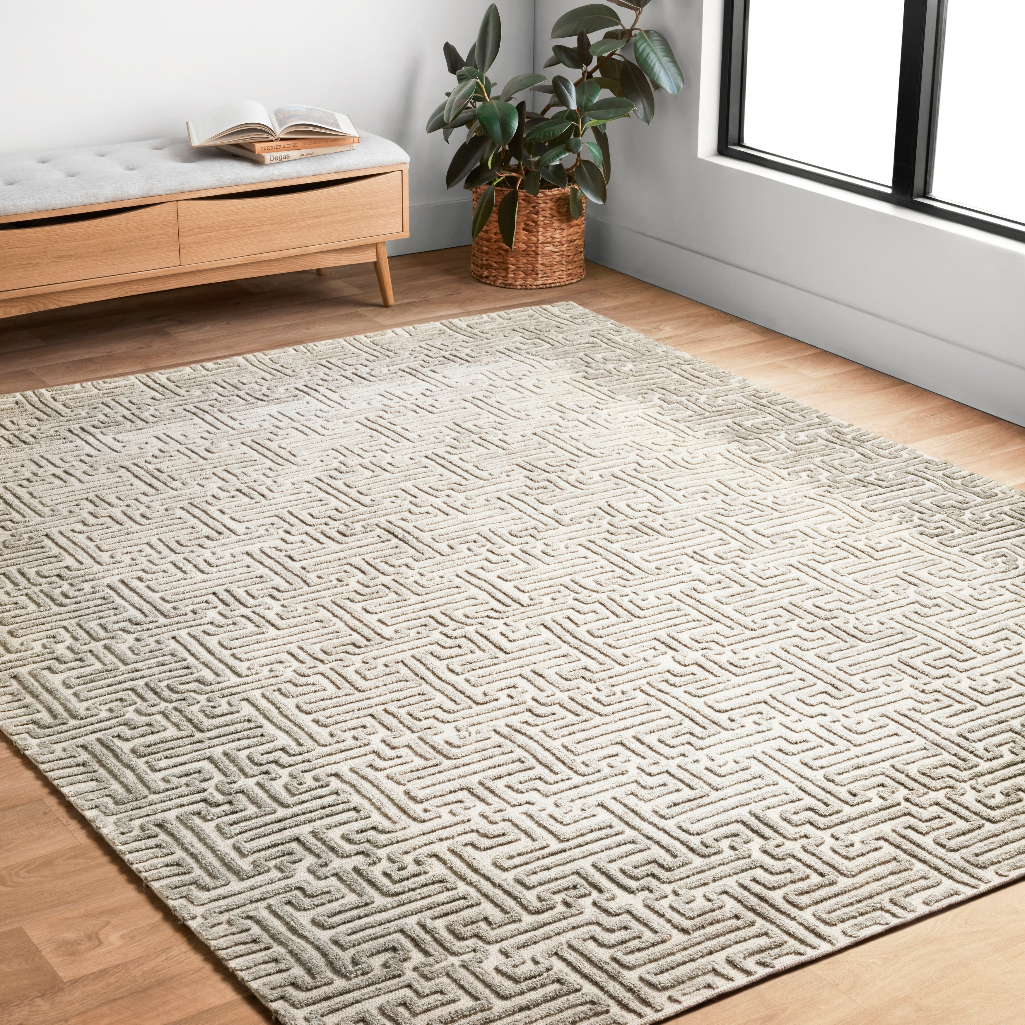 Alexander Home Kanarra Hand Tufted Greek Maze Farmhouse Natural Wool Rug