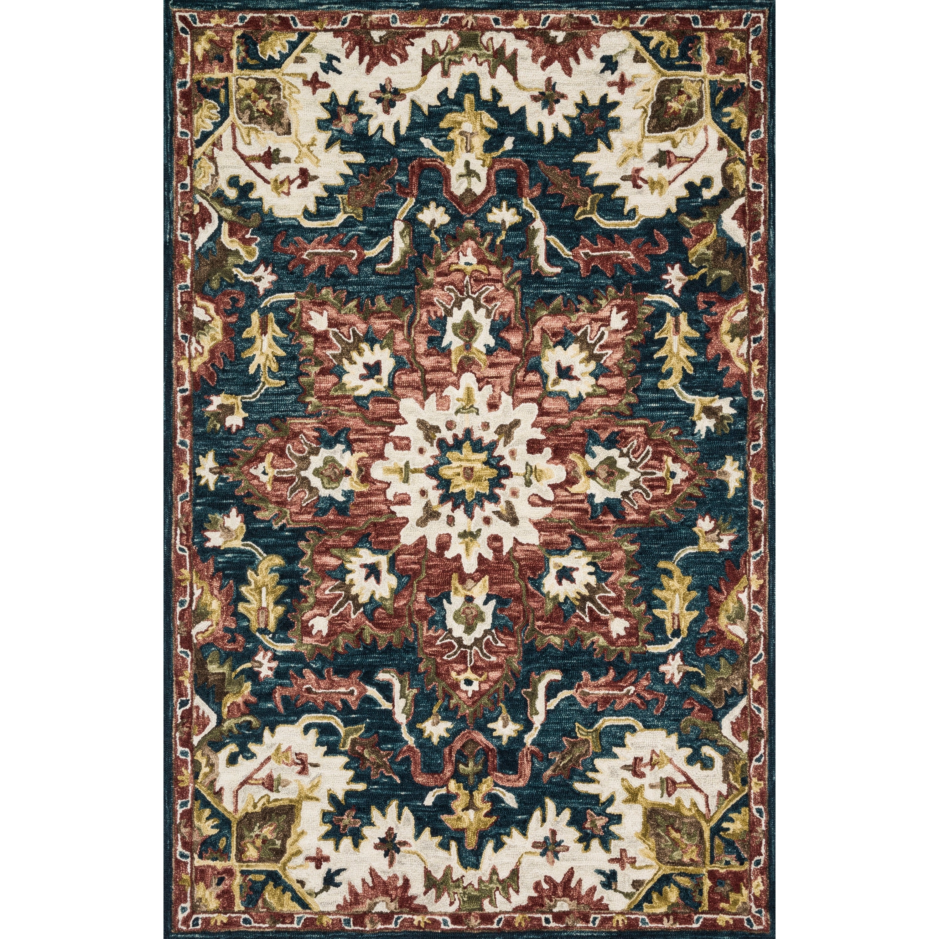 Hand Hooked Dark Rust Navy Traditional Floral Wool Area Rug 93 X 13
