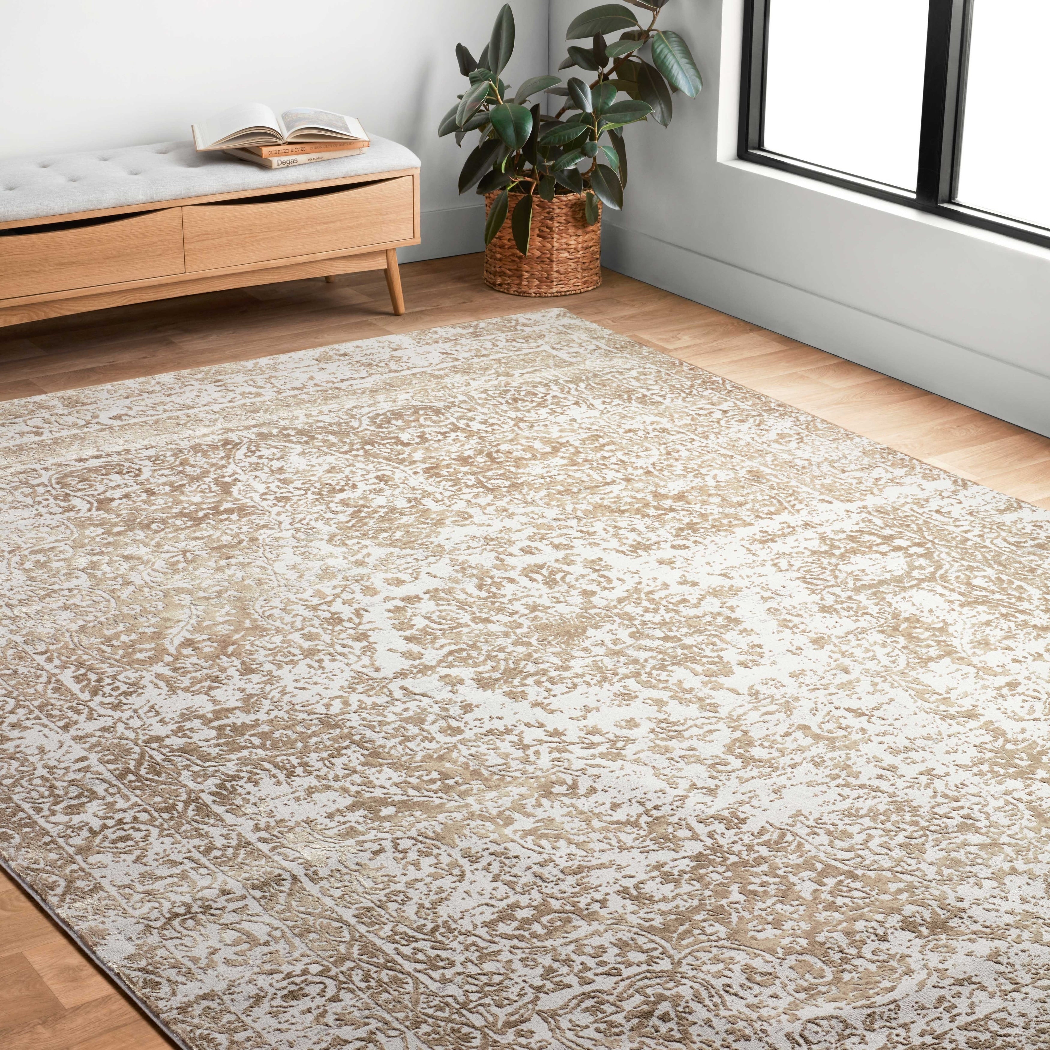Distressed Transitional Grey Floral Vintage Rug 96 X 13