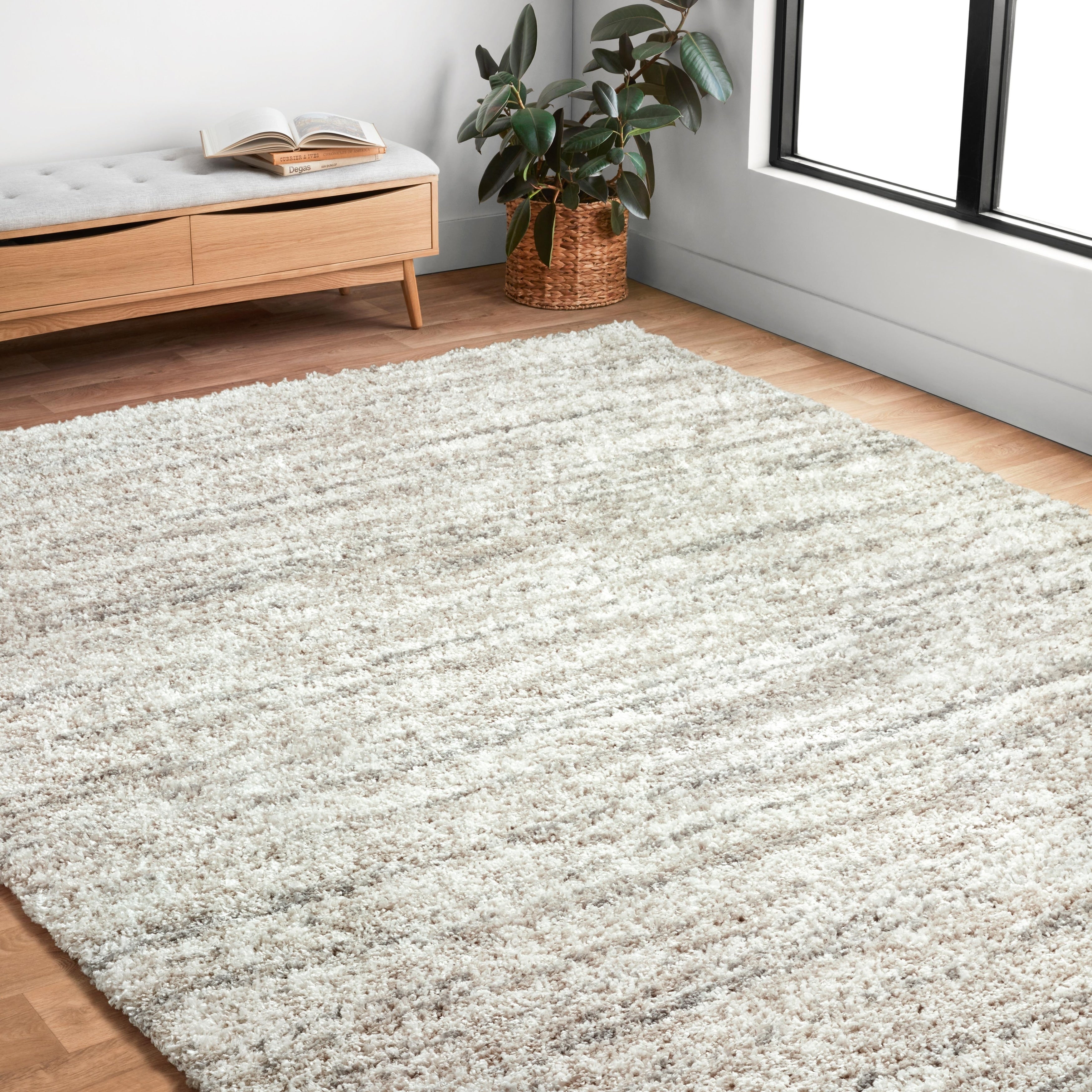Contemporary Ivory Beige Abstract Shag Rug 710 X 1010