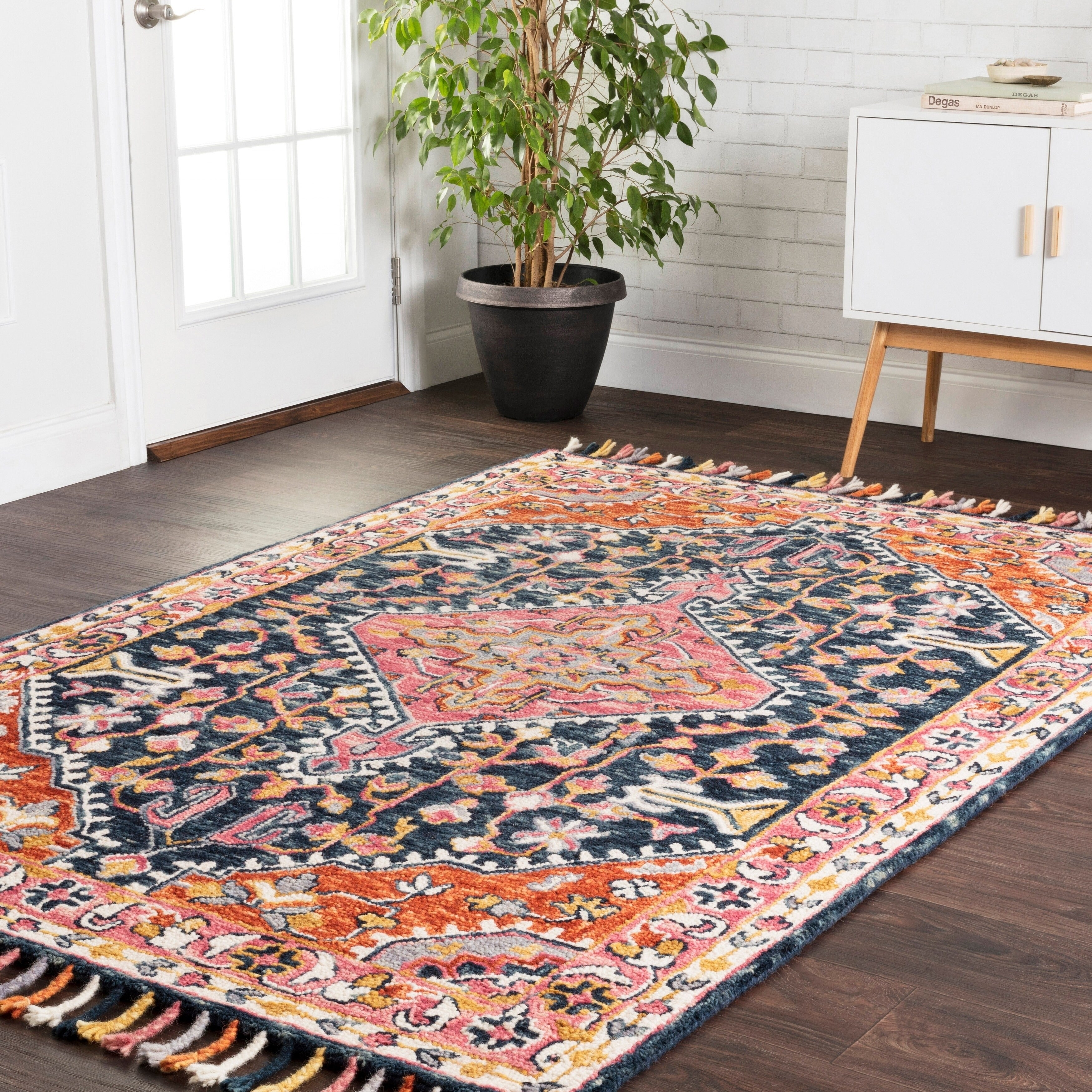 Hand Hooked Bohemian Navy Multi Medallion Wool Rug 79 X 99