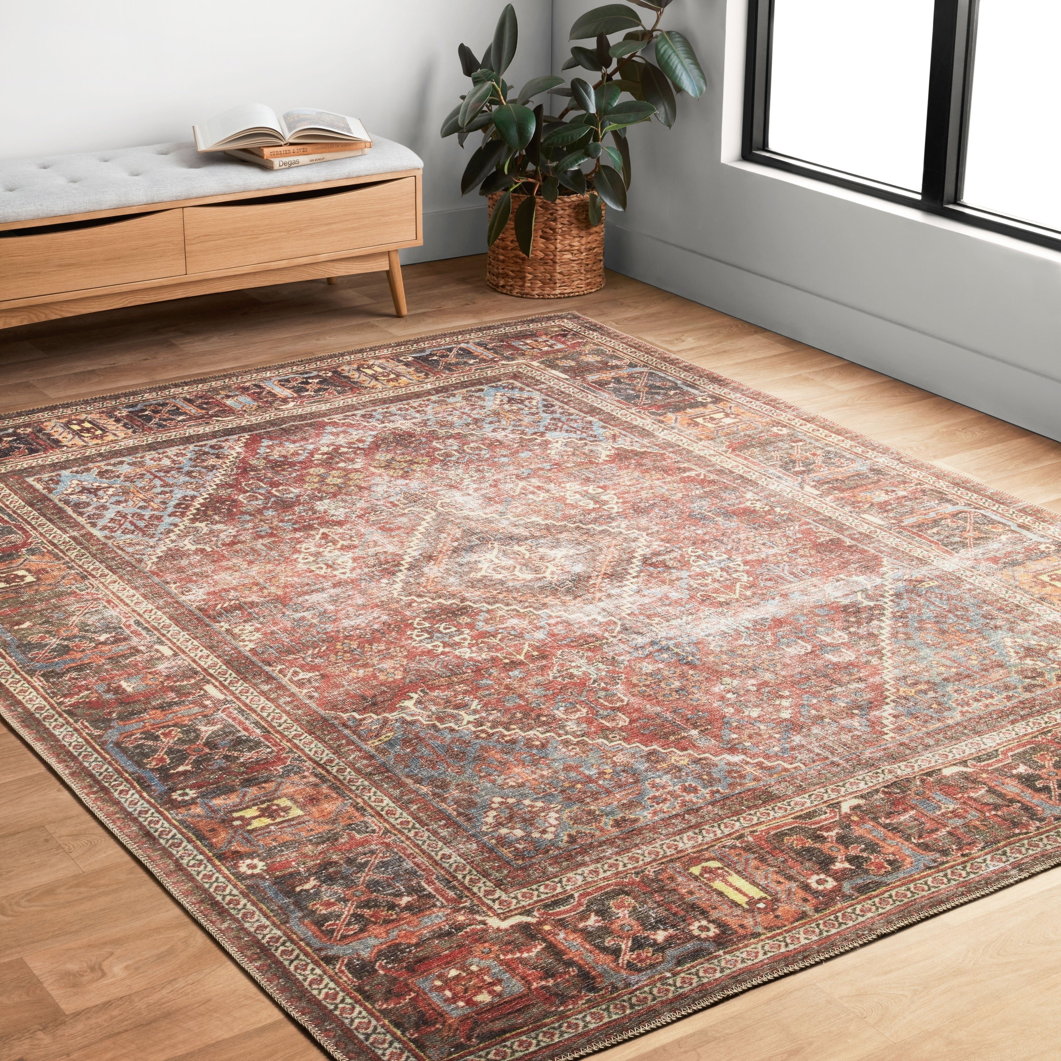 Traditional Distressed Red Multi Printed Area Rug 76 X 96