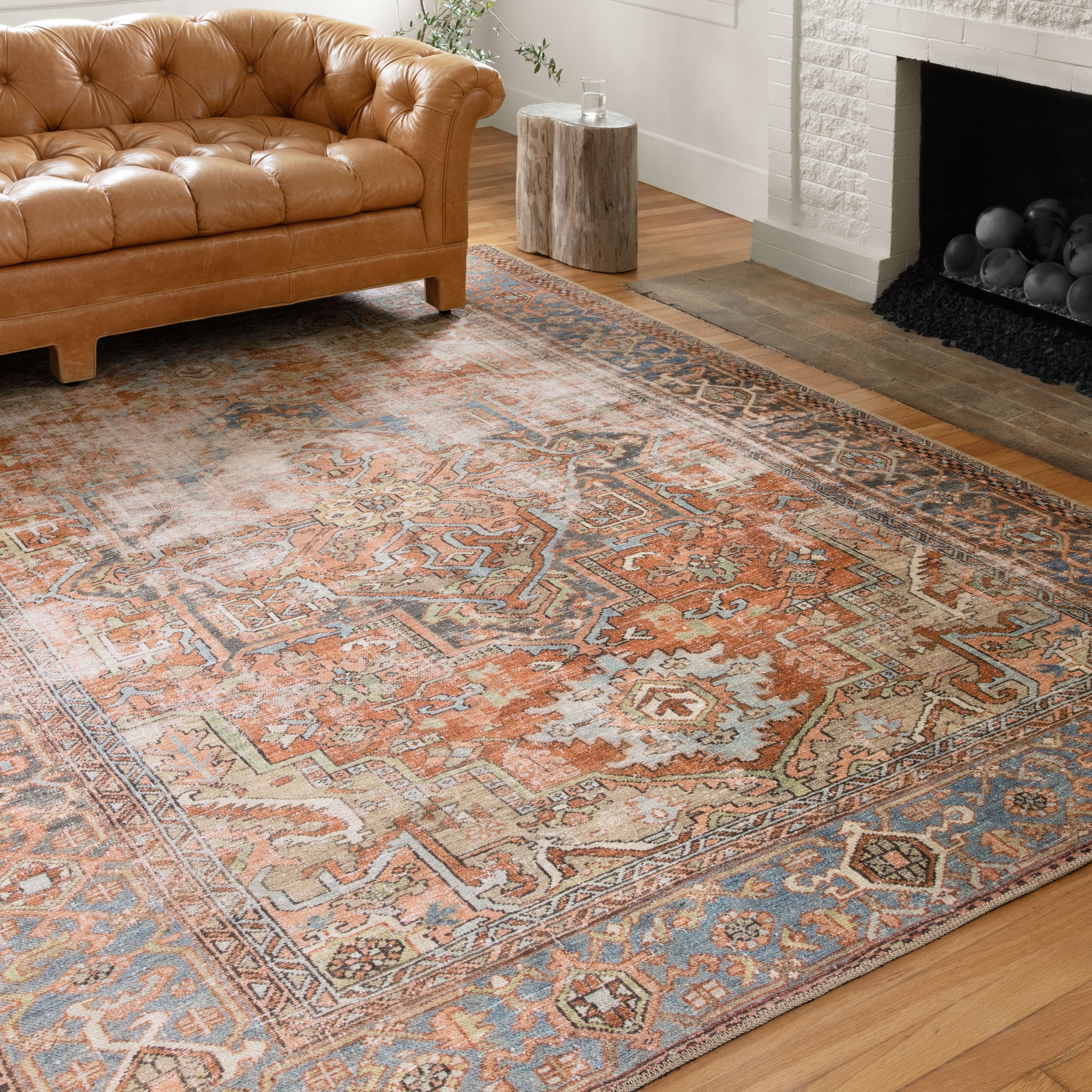 Traditional Distressed Rust Blue Medallion Printed Area Rug 86 X 116