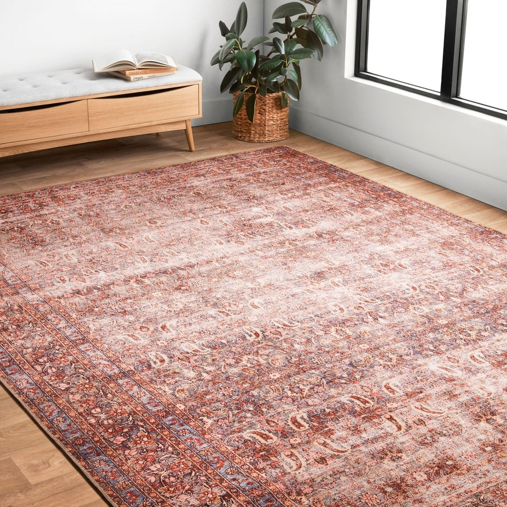 Traditional Distressed Crimson Purple Printed Rug 76 X 96