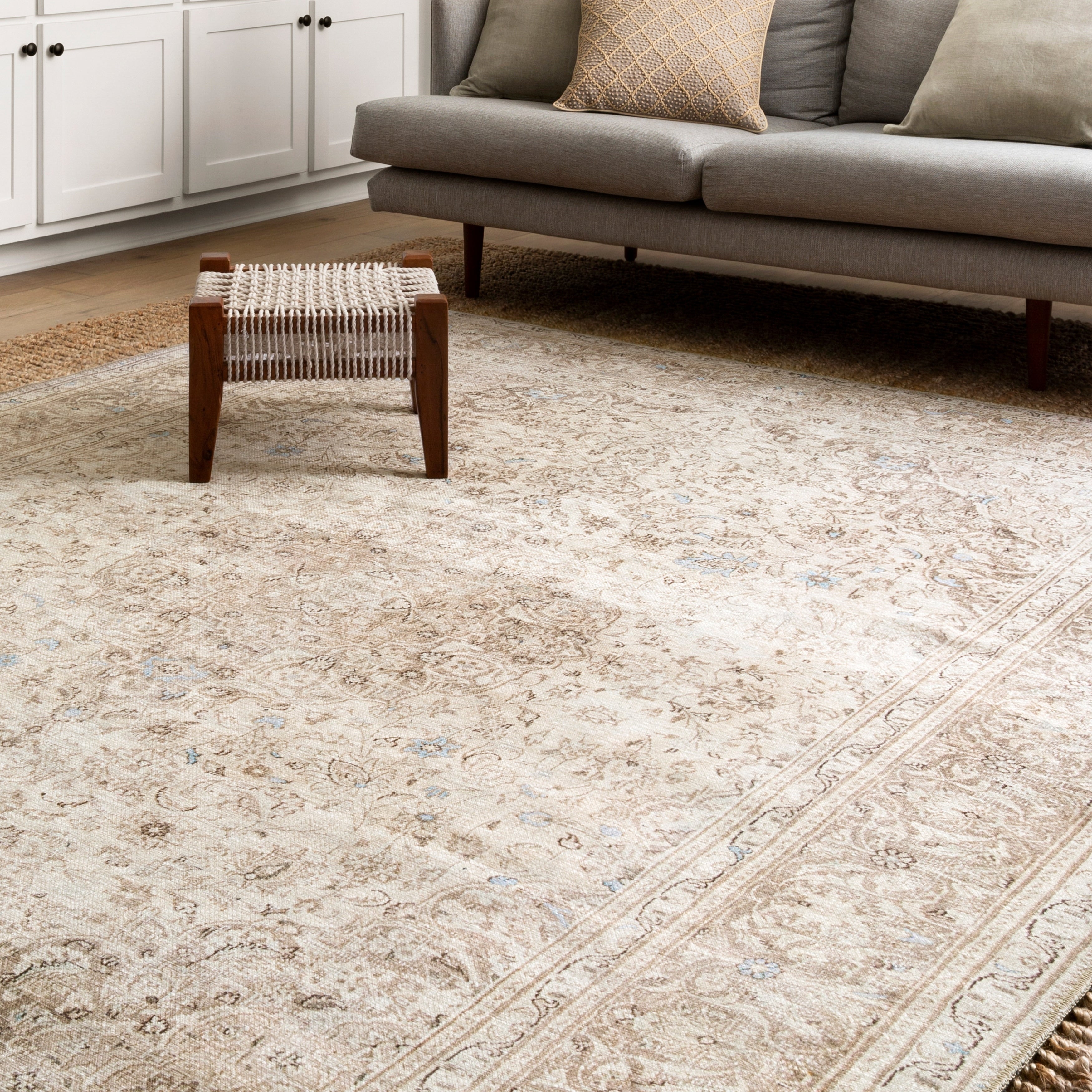 Traditional Distressed Beige Taupe Medallion Printed Rug 76 X 96