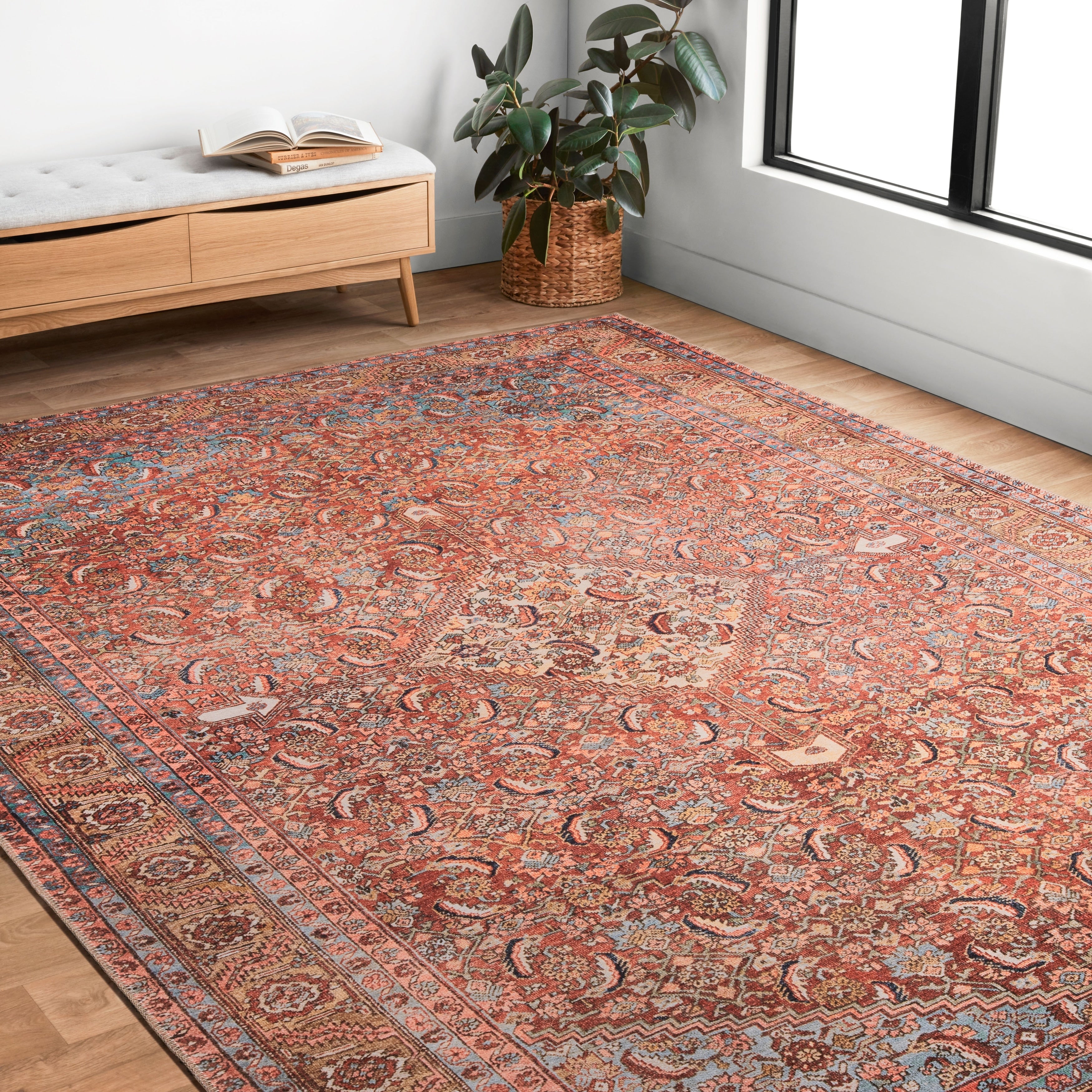Traditional Distressed Red Multi Printed Rug 76 X 96