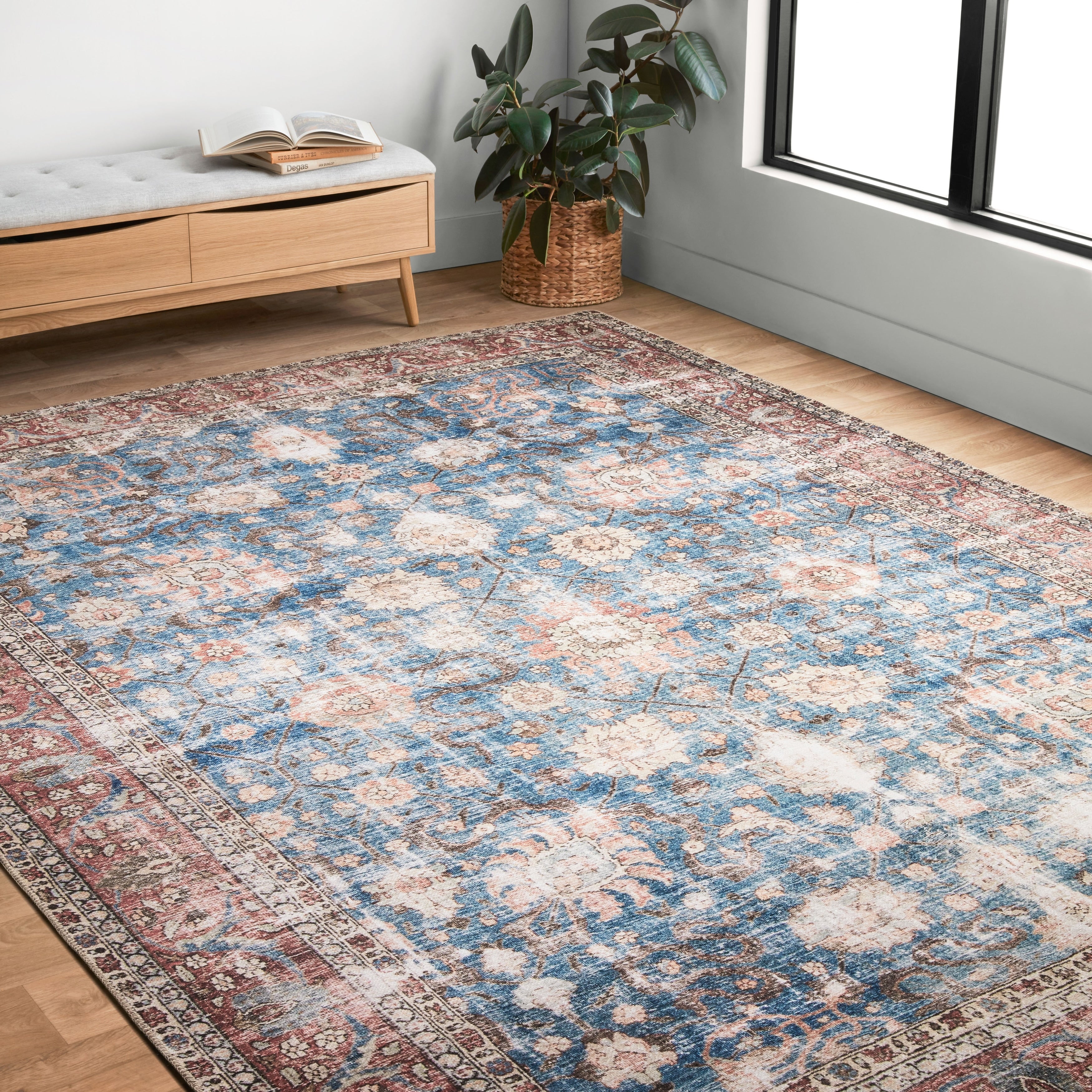 Traditional Distressed Blue Red Floral Printed Rug 76 X 96