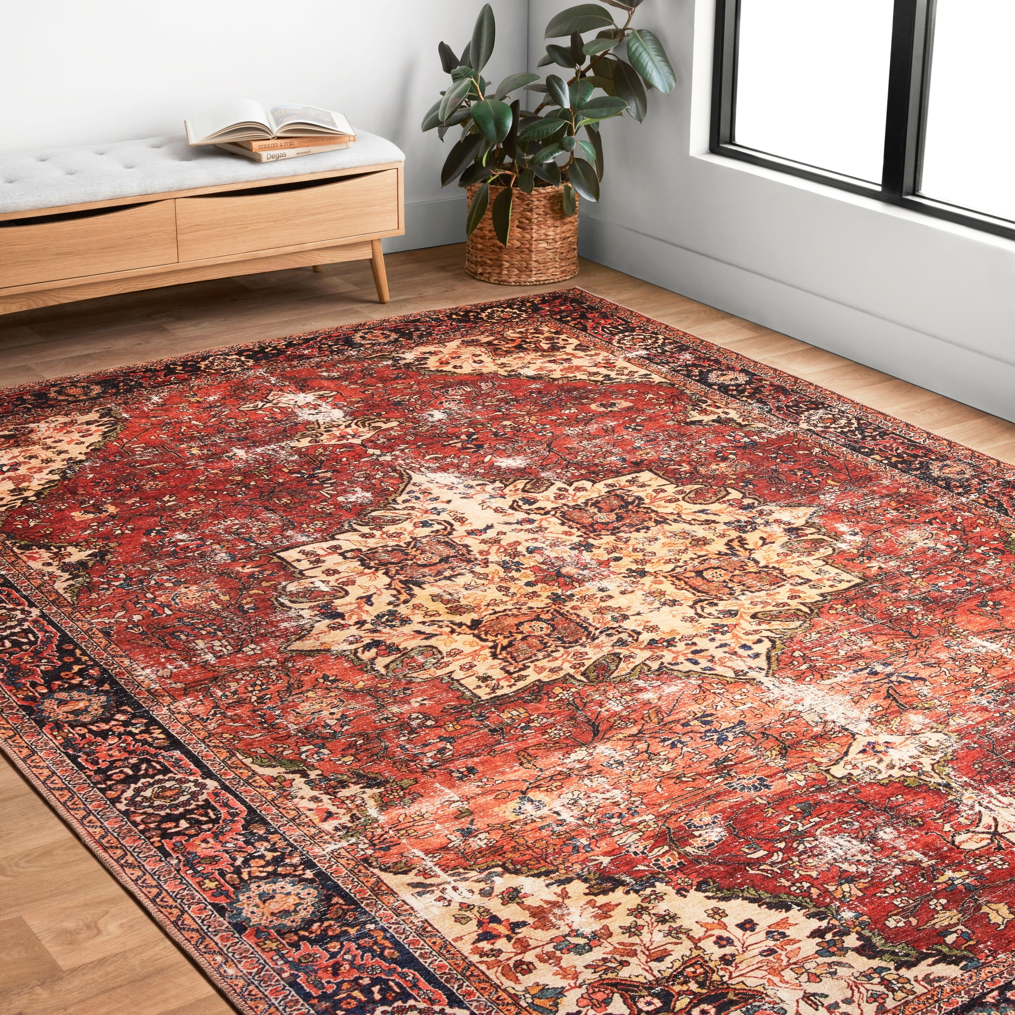 Traditional Distressed Red Medallion Printed Runner Rug 26 X 76