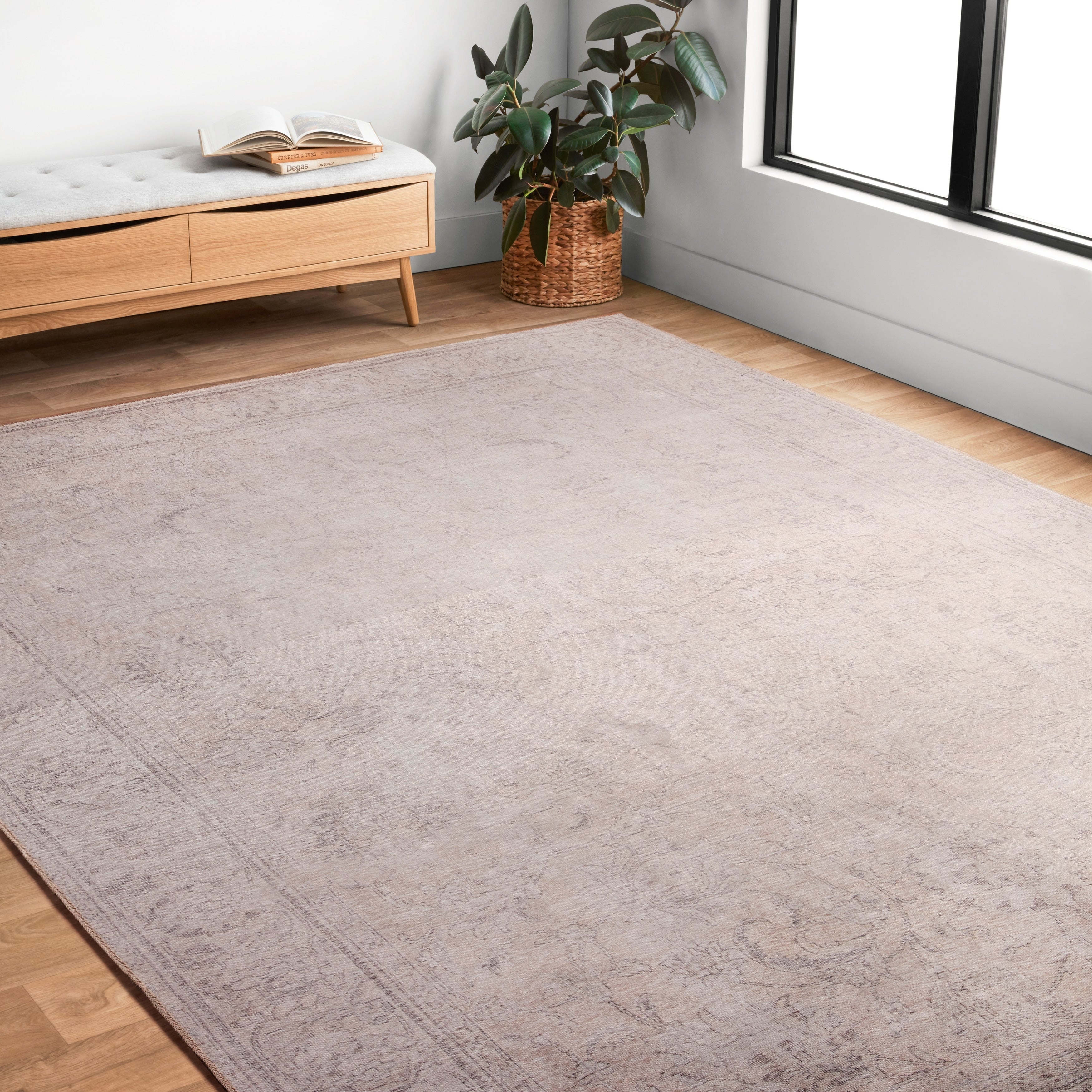 Traditional Distressed Sand Beige Floral Printed Rug 76 X 96