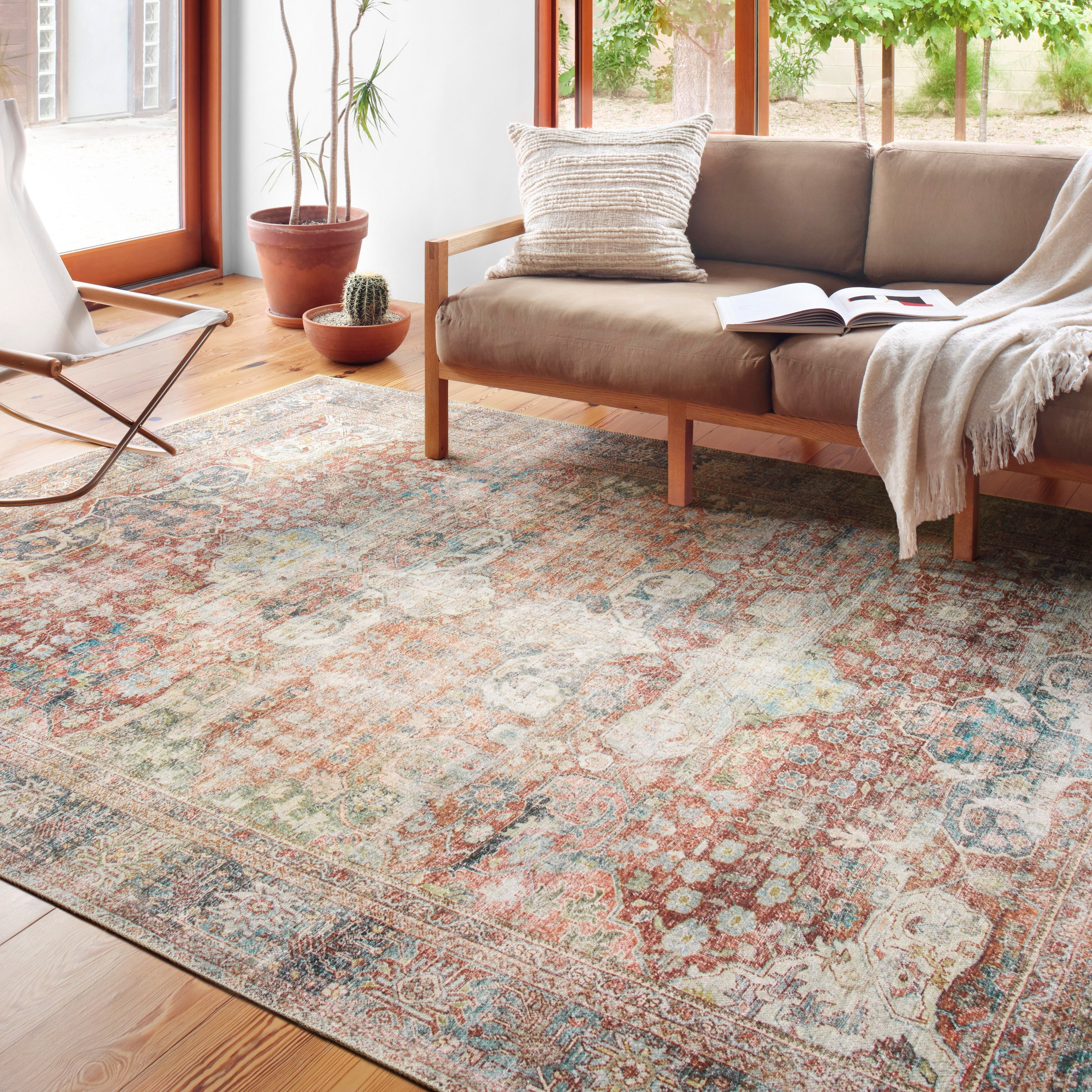 Traditional Distressed Red Blue Printed Area Rug 76 X 96