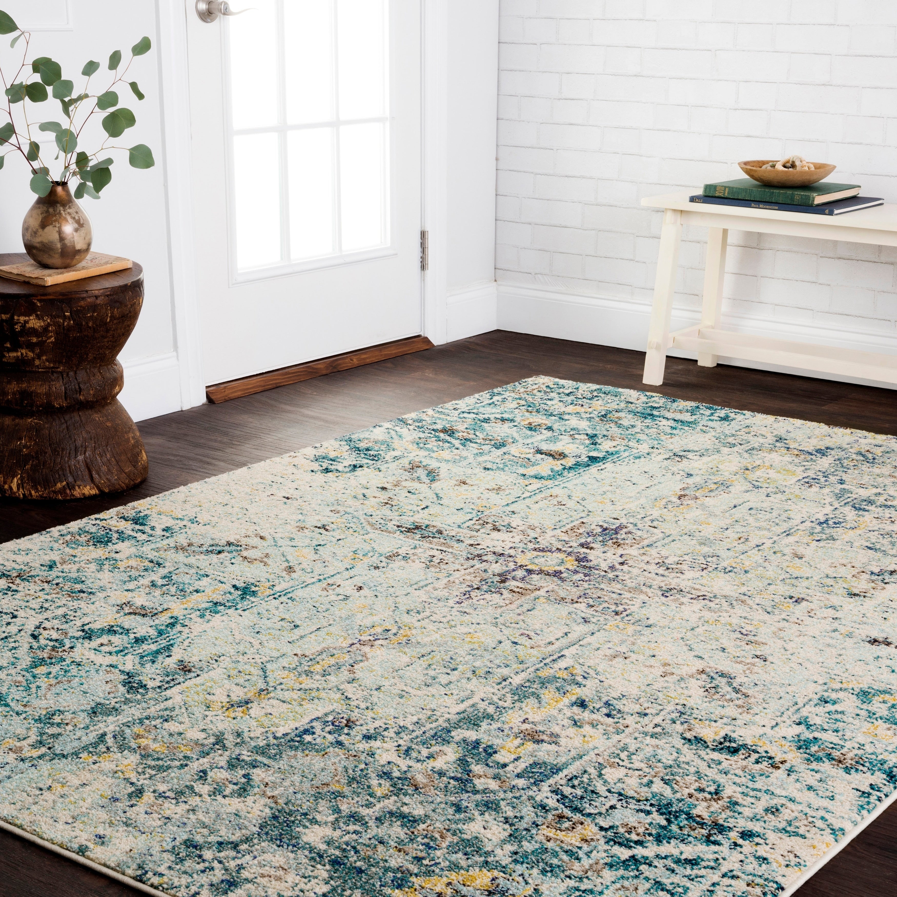 Vintage Bohemian Aqua Blue Multi Medallion Distressed Round Rug 67 X 67