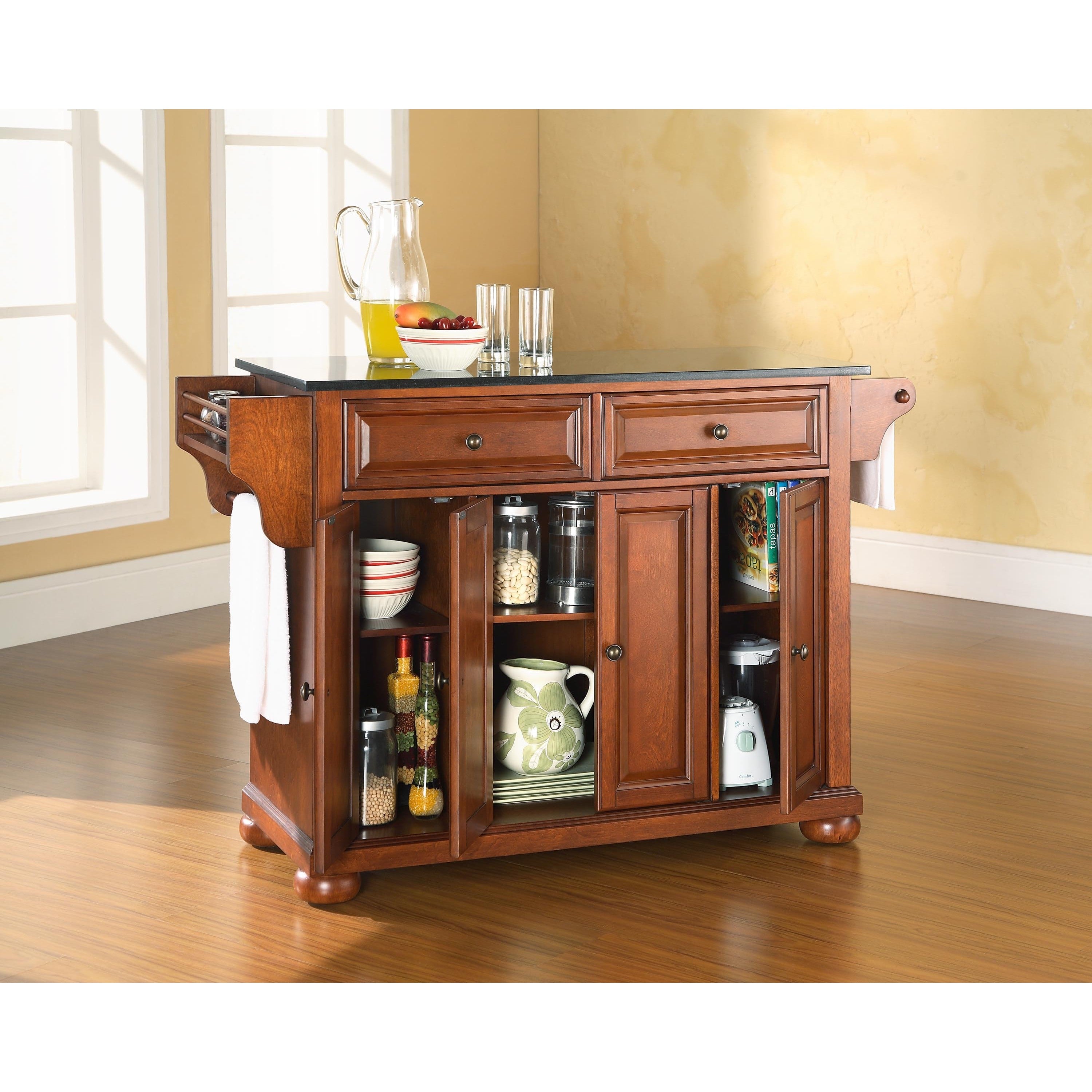 Alexandria Solid Black Granite Top Kitchen Island In Classic Cherry Finish