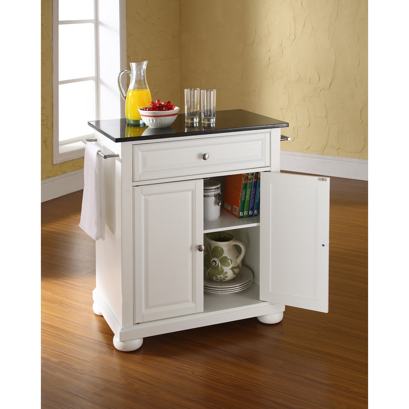 Alexandria Solid Black Granite Top Portable Kitchen Island In White Finish