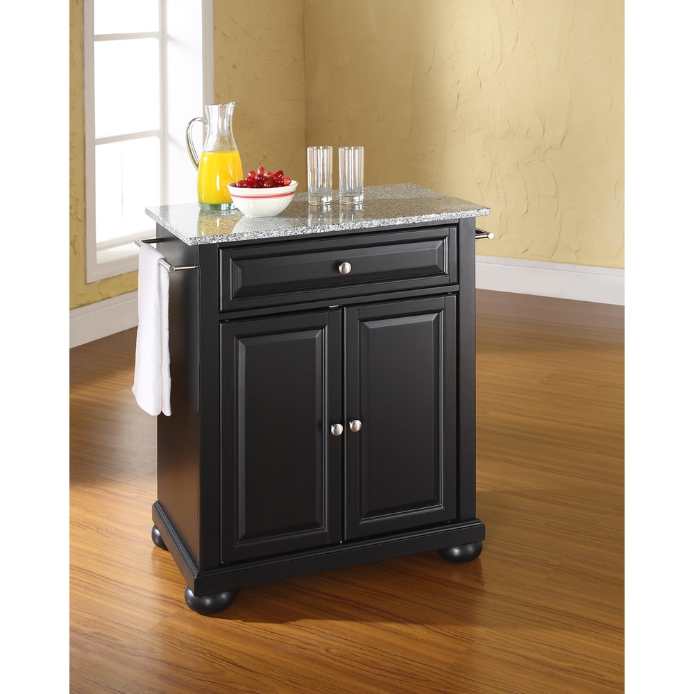 Alexandria Solid Granite Top Portable Kitchen Island In Black Finish