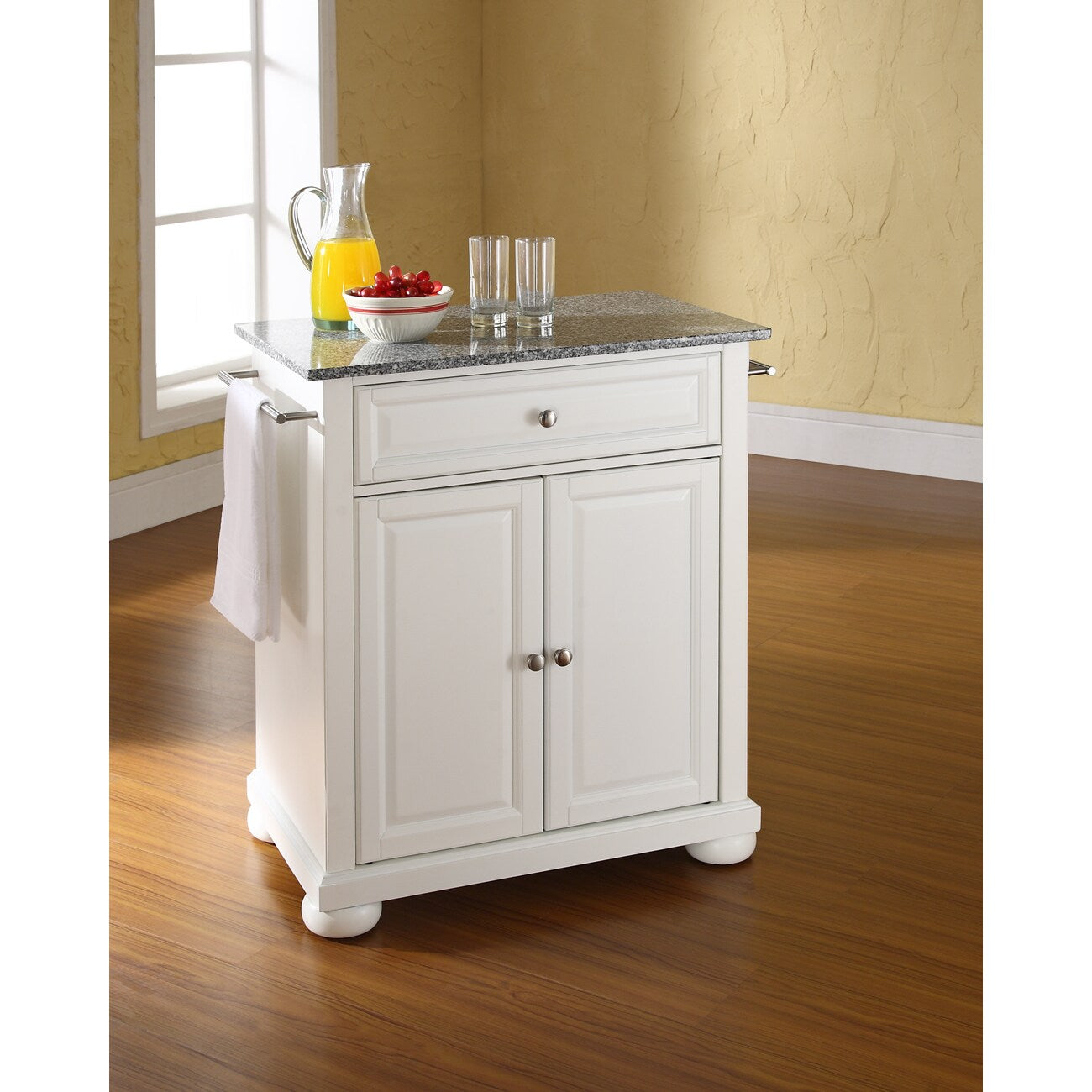Alexandria Solid Granite Top Portable Kitchen Island In White Finish