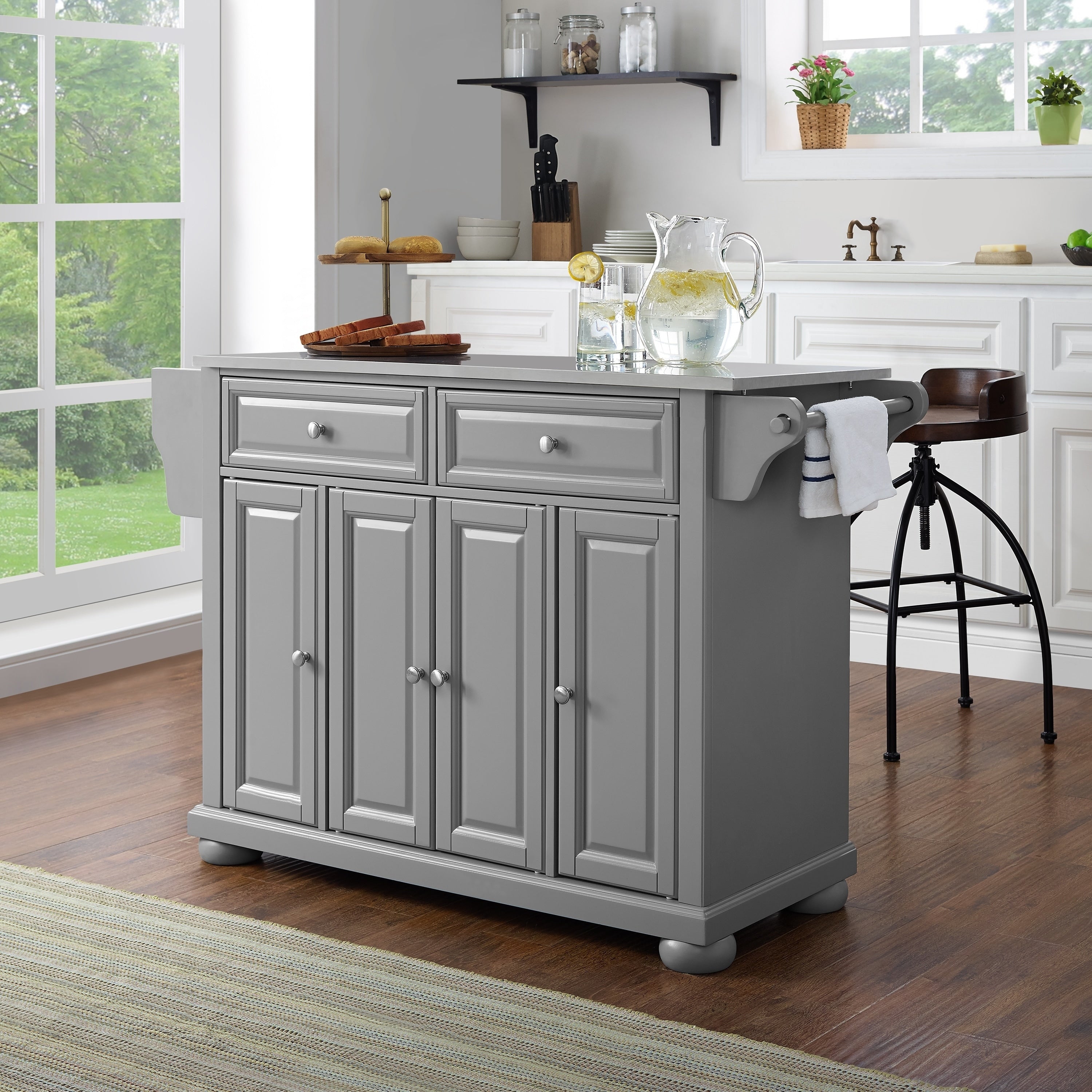 Alexandria Stainless Steel Top Kitchen Island In Vintage Grey