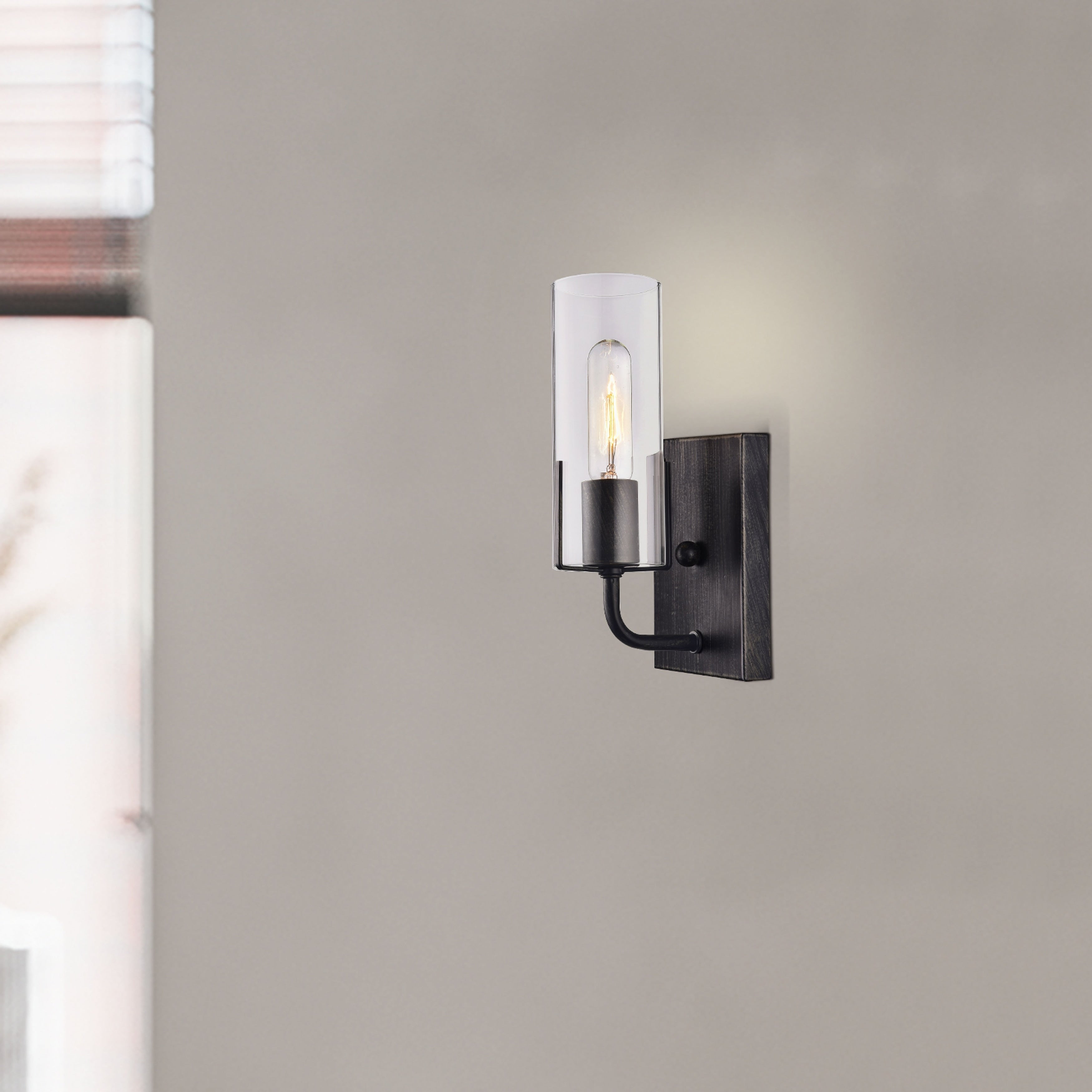 Alfreda Antique Black Wall Sconce With Clear Glass Cylinder