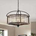 The Gray Barn Mentmore Antique Black Metal Fabric Drum Shade Wood Frame Chandelier