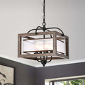 Alina Antique Black Metal Natural Wood Chandelier With Fabric Shade