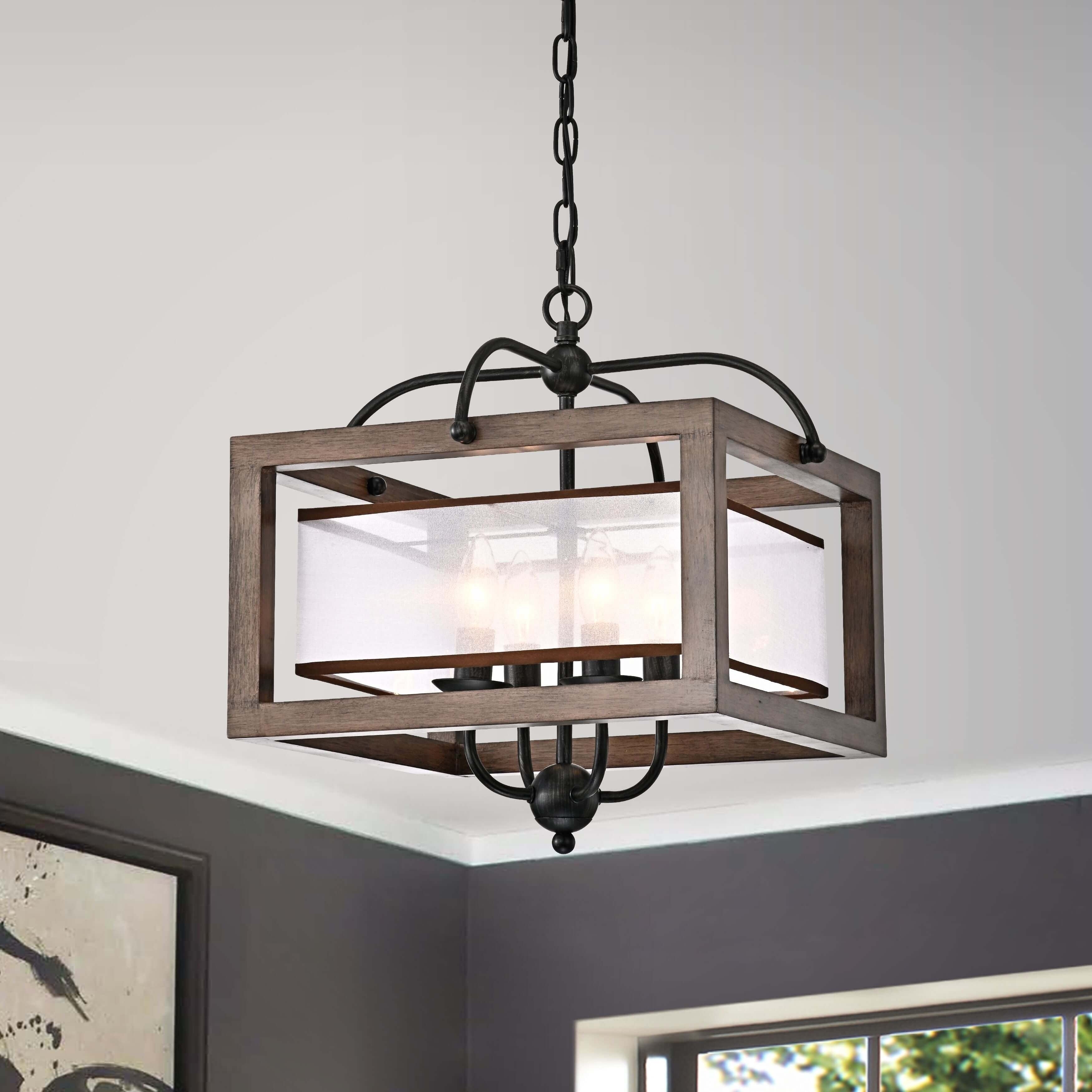 Alina Antique Black Metal Natural Wood Chandelier With Fabric Shade