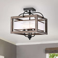 Alina Antique Black Metal Natural Wood Flush Mount With Fabric Shade