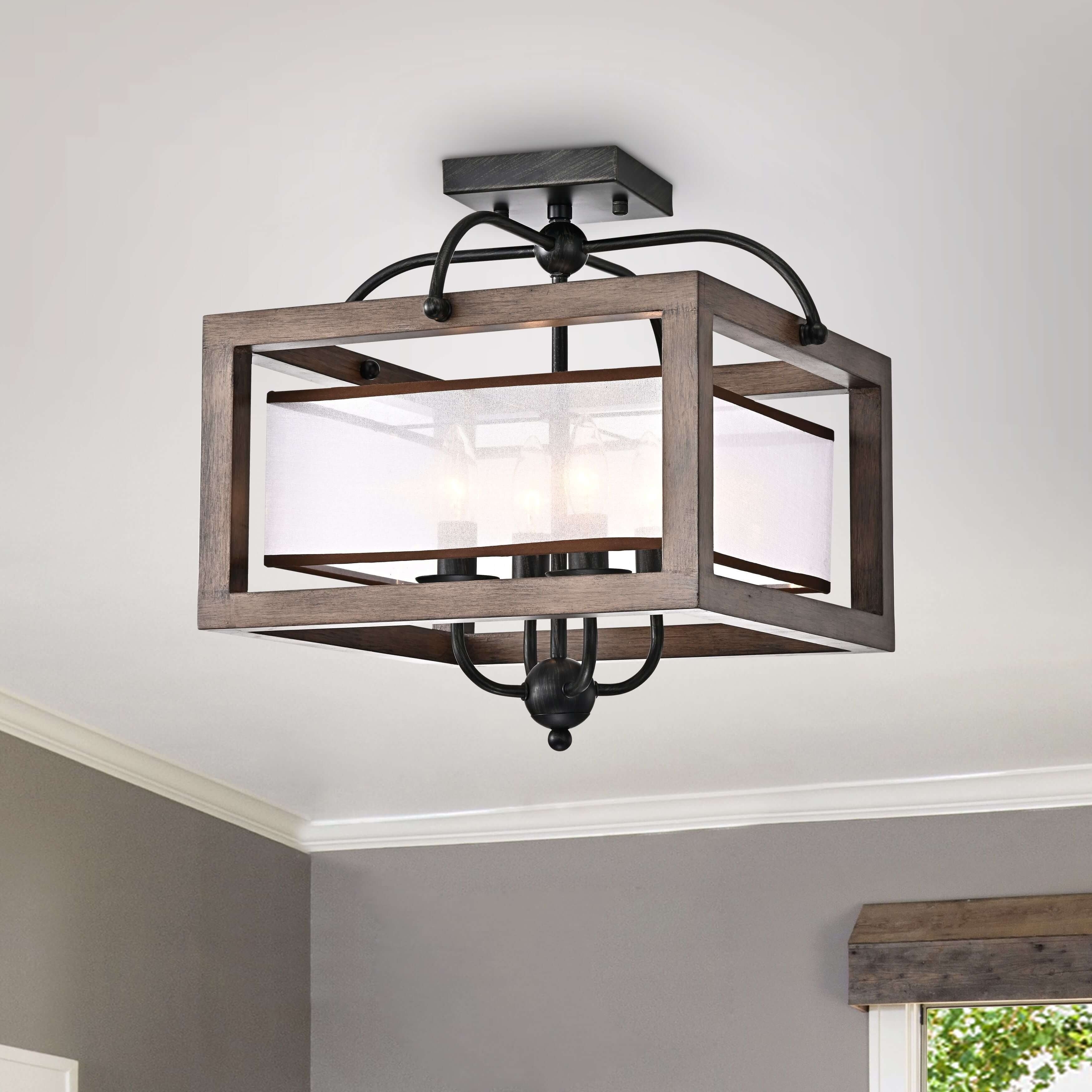 Alina Antique Black Metal Natural Wood Flush Mount With Fabric Shade