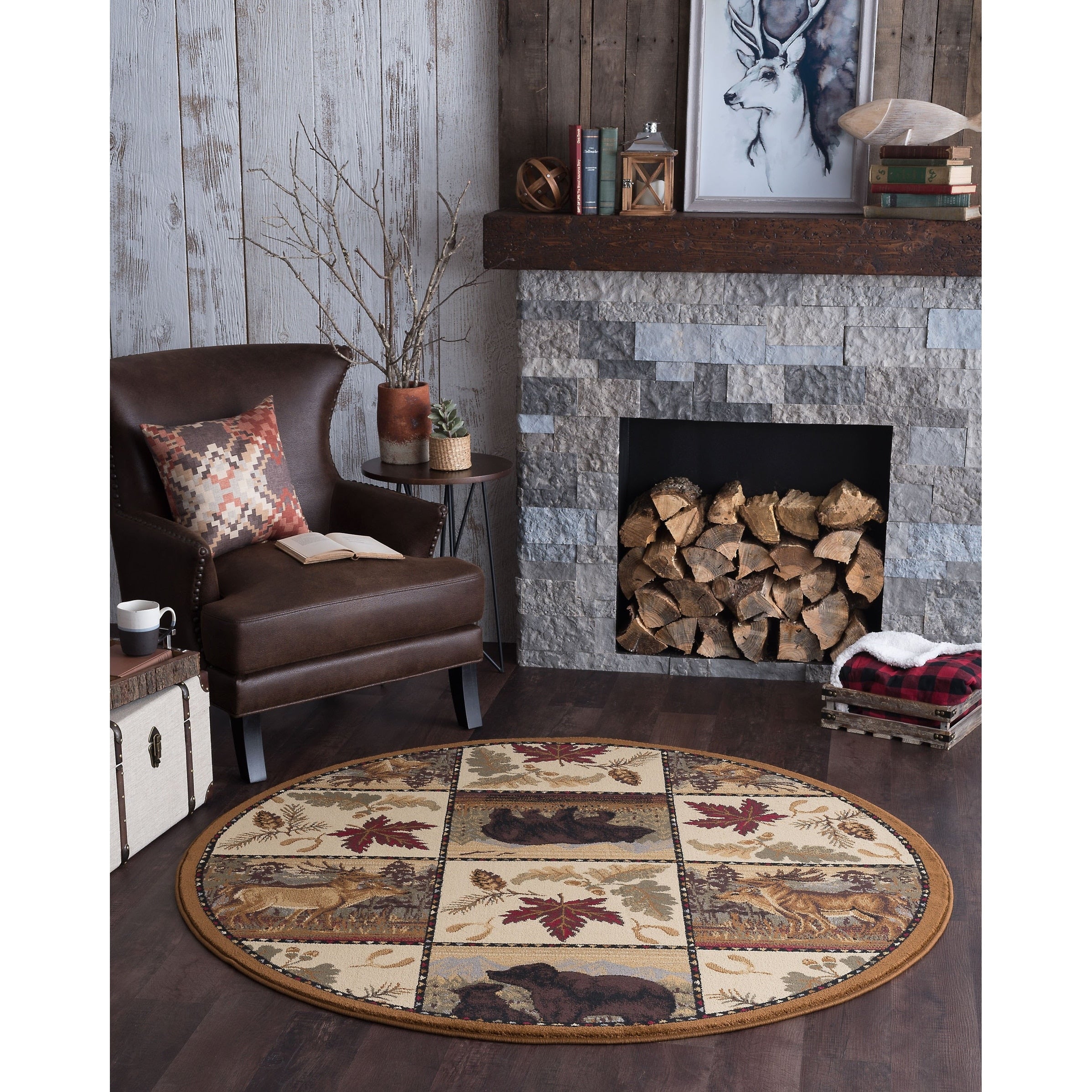 Alise Rugs Natural Lodge Novelty Lodge Round Area Rug 53 X 53