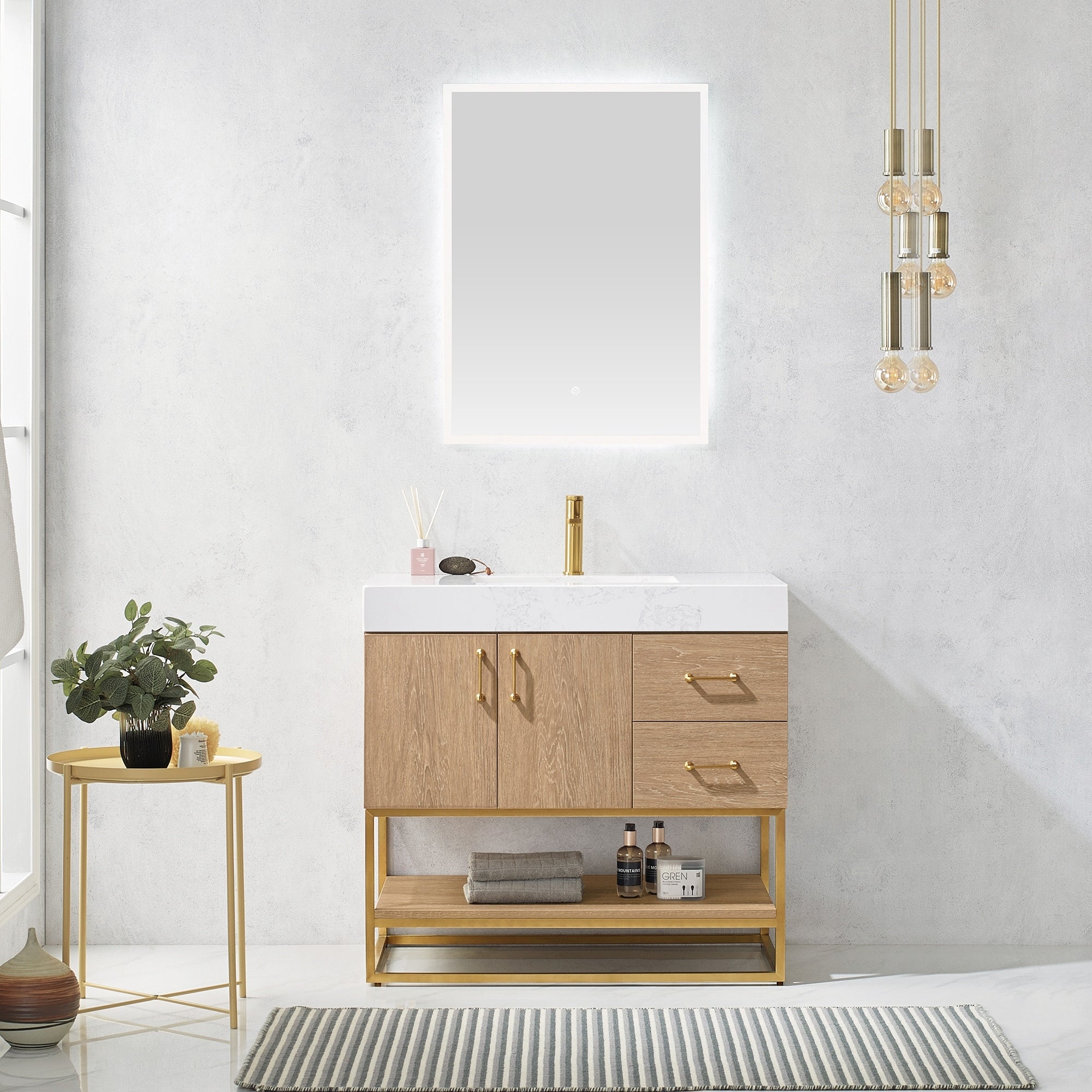 Alistair 36 Single Vanity In North American Oak With White Grain Stone Countertop Without Mirror