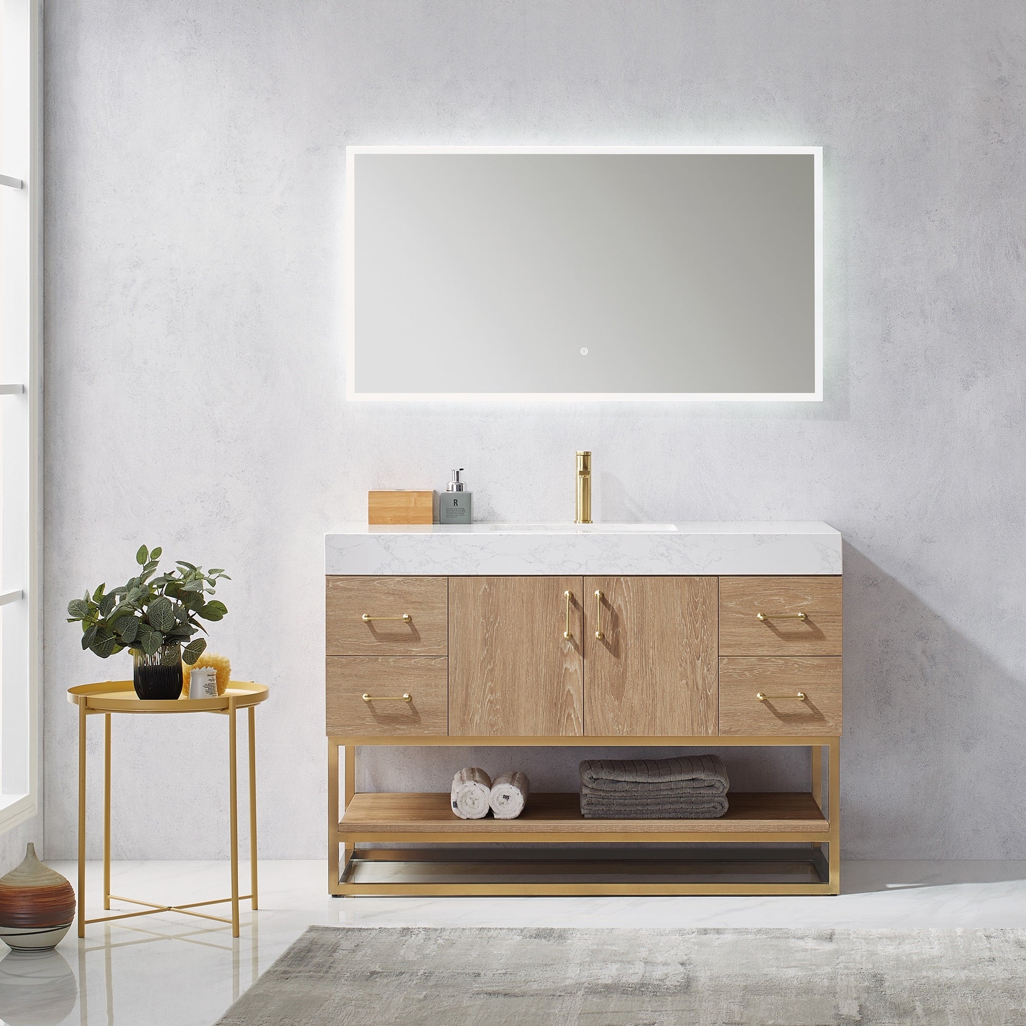 Alistair 48 Single Vanity In North American Oak With White Grain Stone Countertop Without Mirror