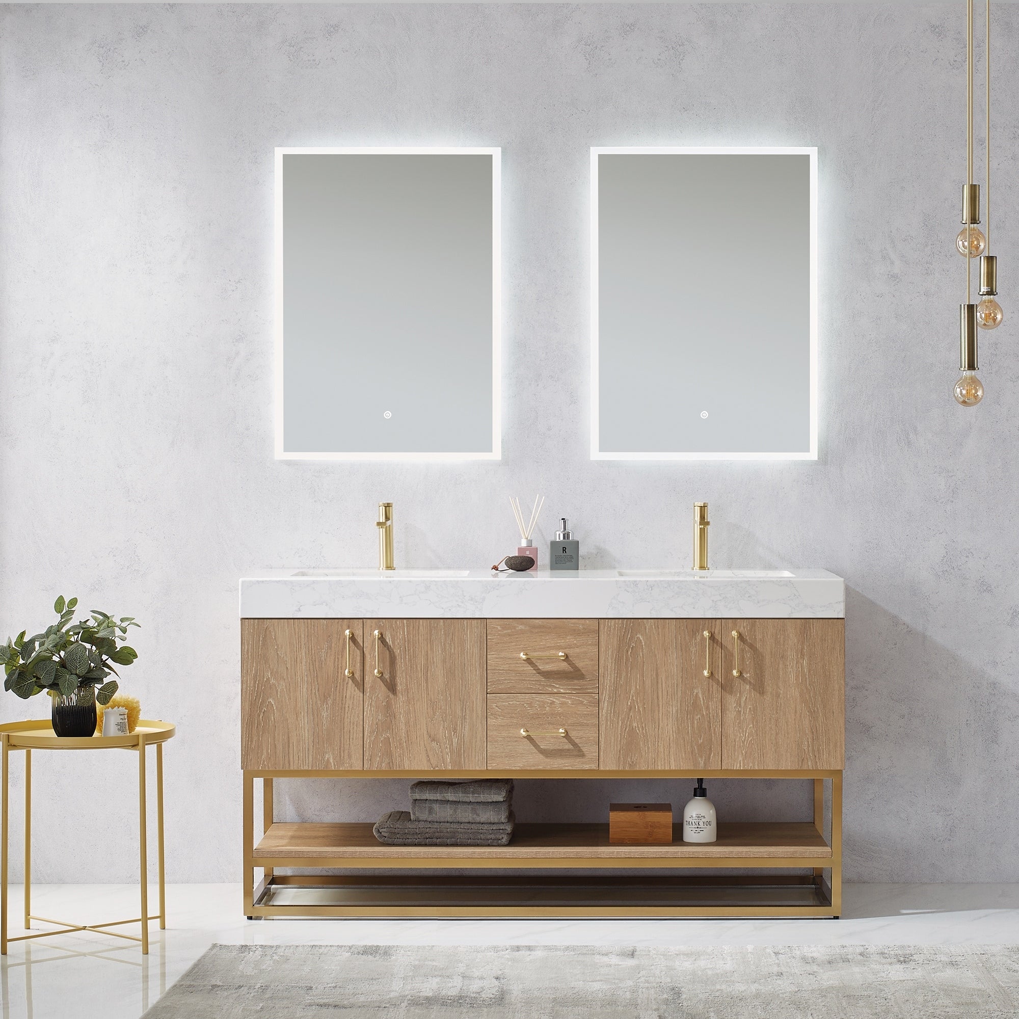 Alistair 60 Double Vanity In North American Oak With White Grain Stone Countertop Without Mirror