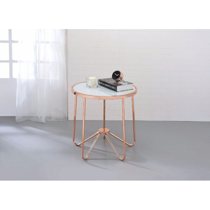 Alivia End Table Frosted Glass Rose Gold Glass Copper