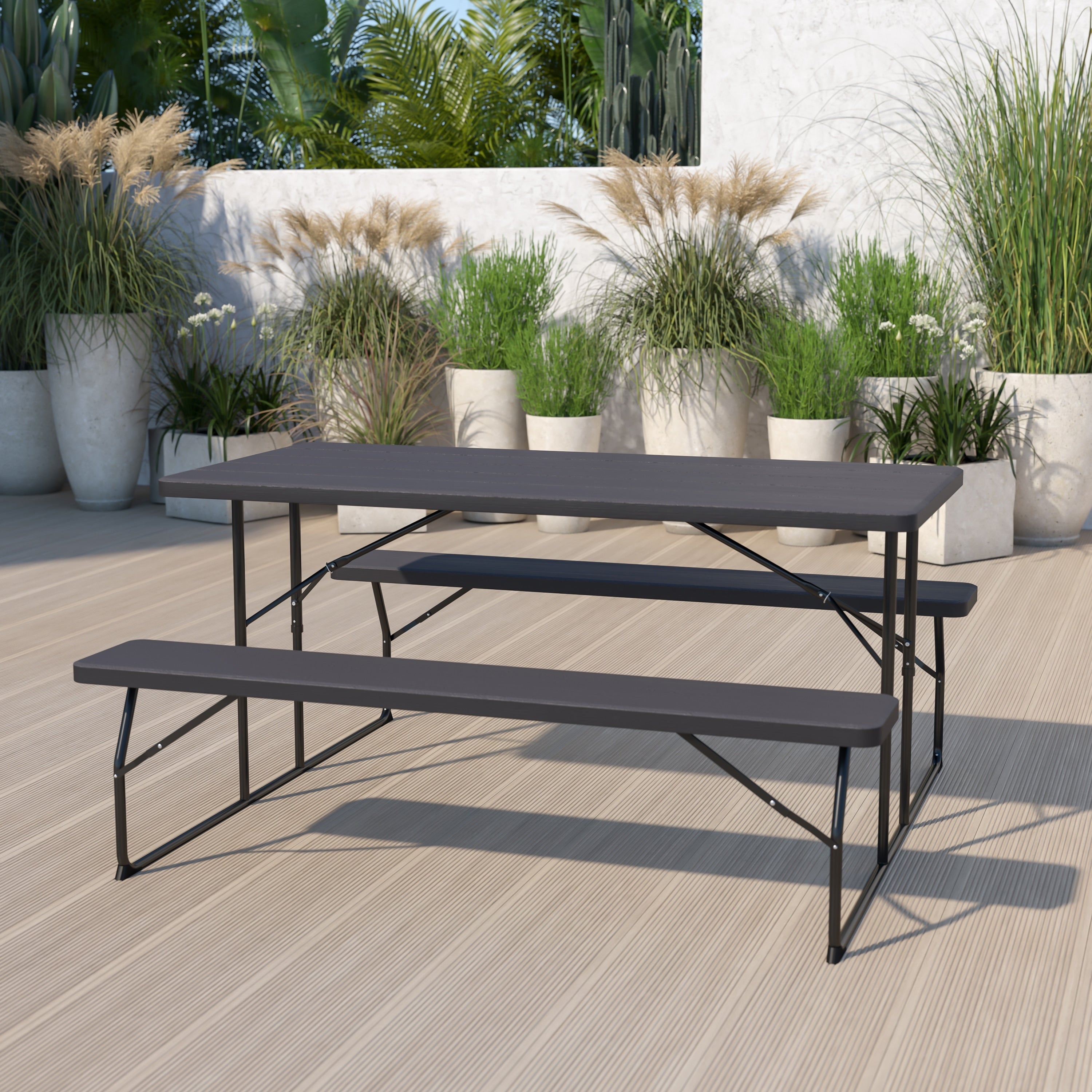 Insta Fold Charcoal Wood Grain Folding Picnic Table And Benches