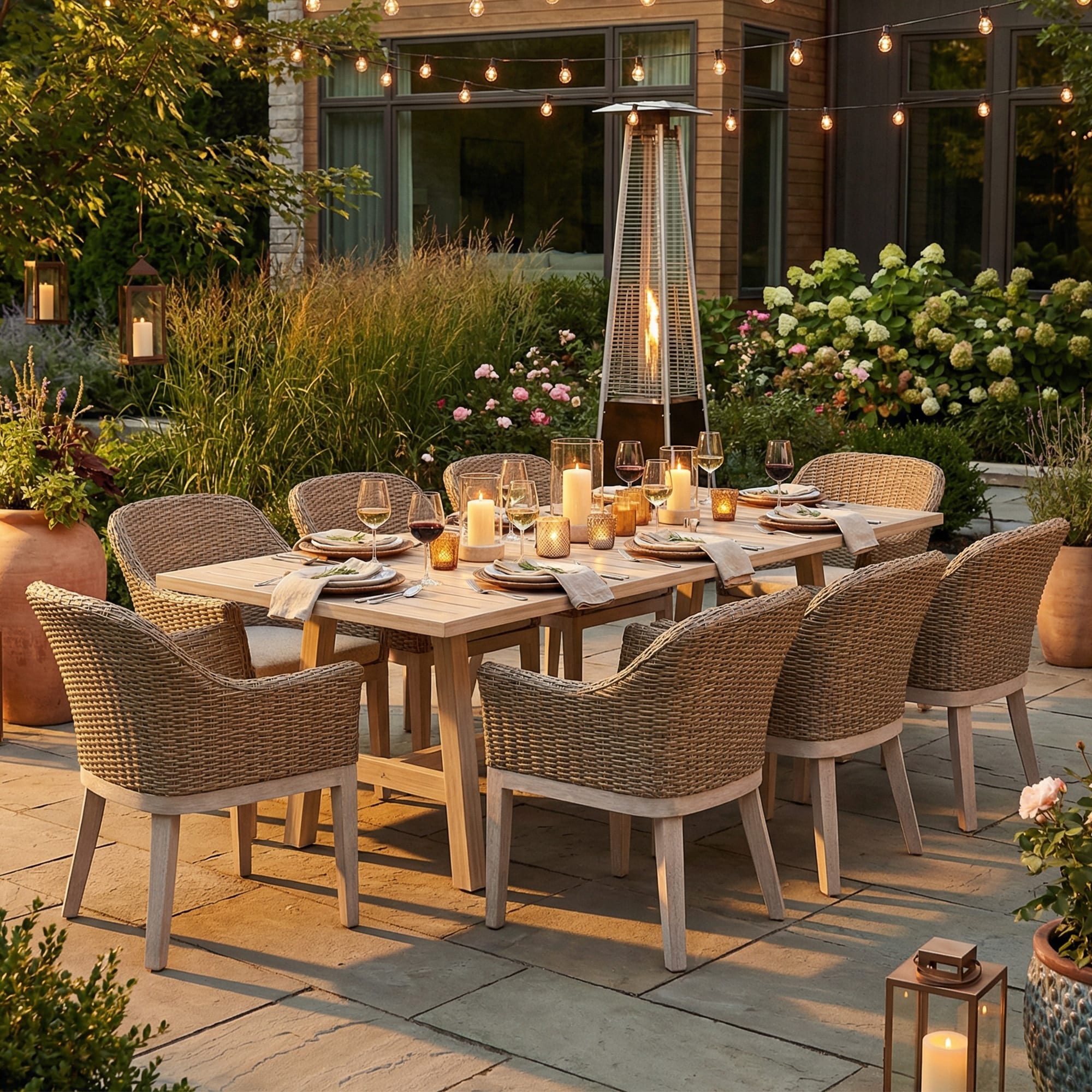 All Weather Outdoor Dining Set With Rectangular Wood Table Pe Rattan Patio Chairs With Rust Resistant Aluminum Frames