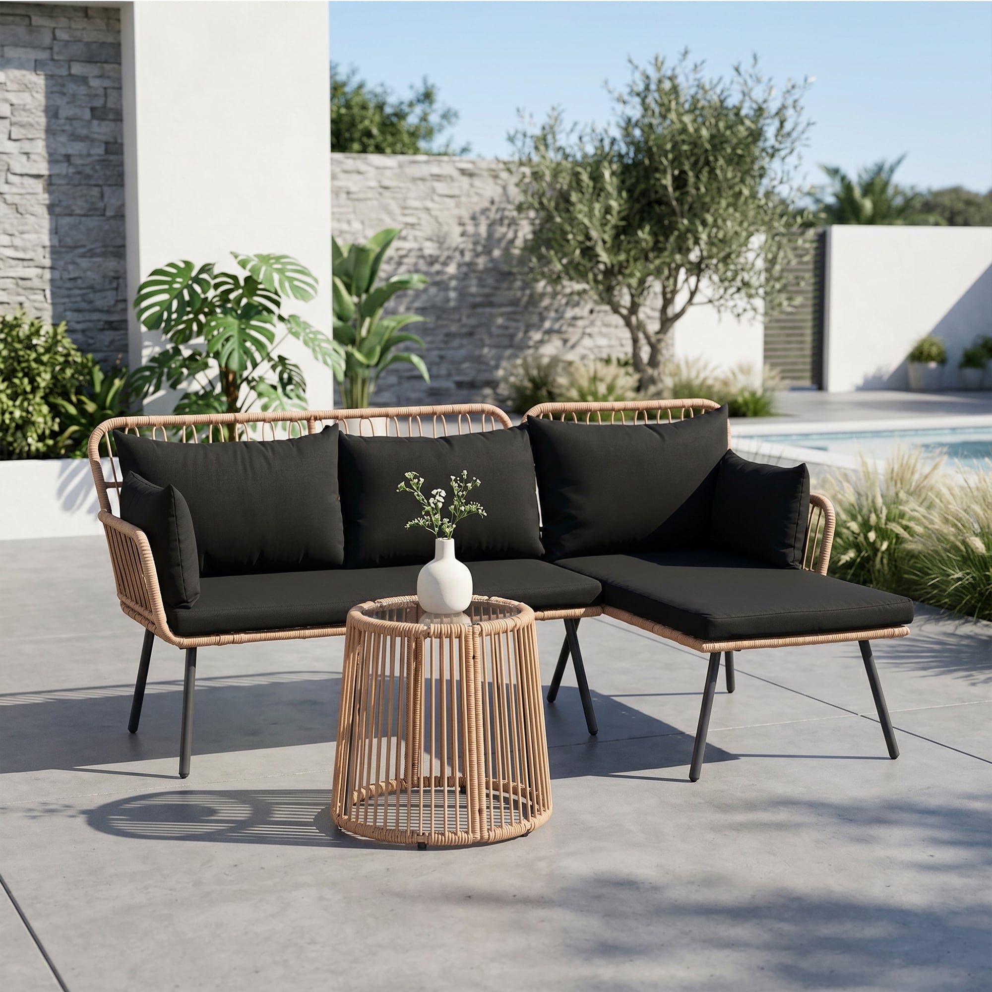 All Weather Wicker Patio L Shaped Sofa Set With Soft Cushions Glass Coffee Table