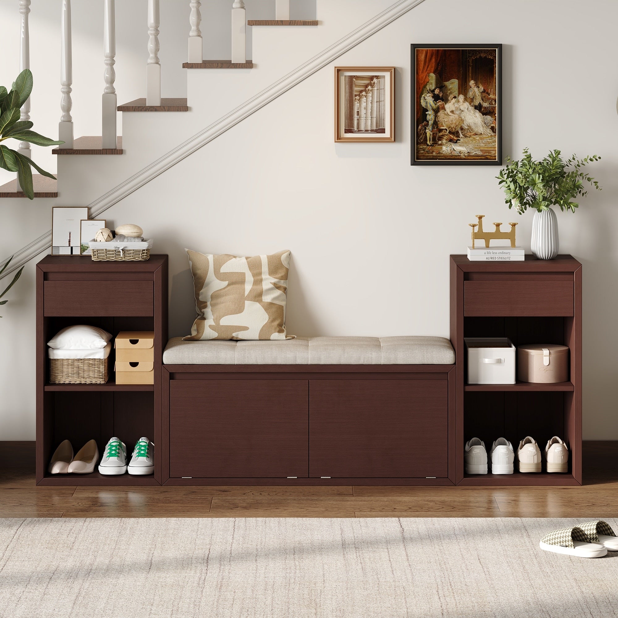 All In One Entryway Storage Bench With Cushion Drawers And Open Shelves