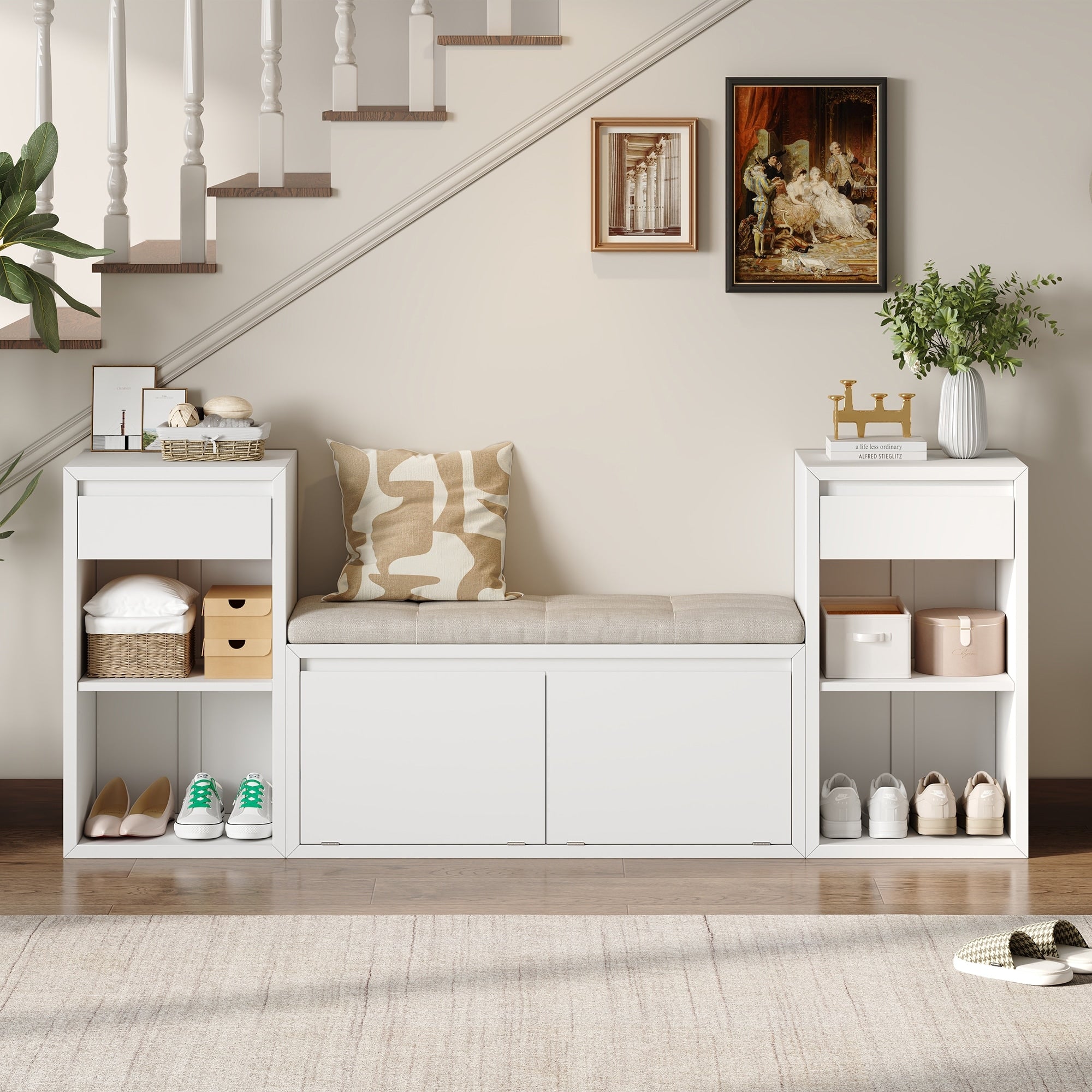 All In One Entryway Storage Bench With Cushion Compartments Drawers Open Shelves Storage Bench For Hallway Mudroom