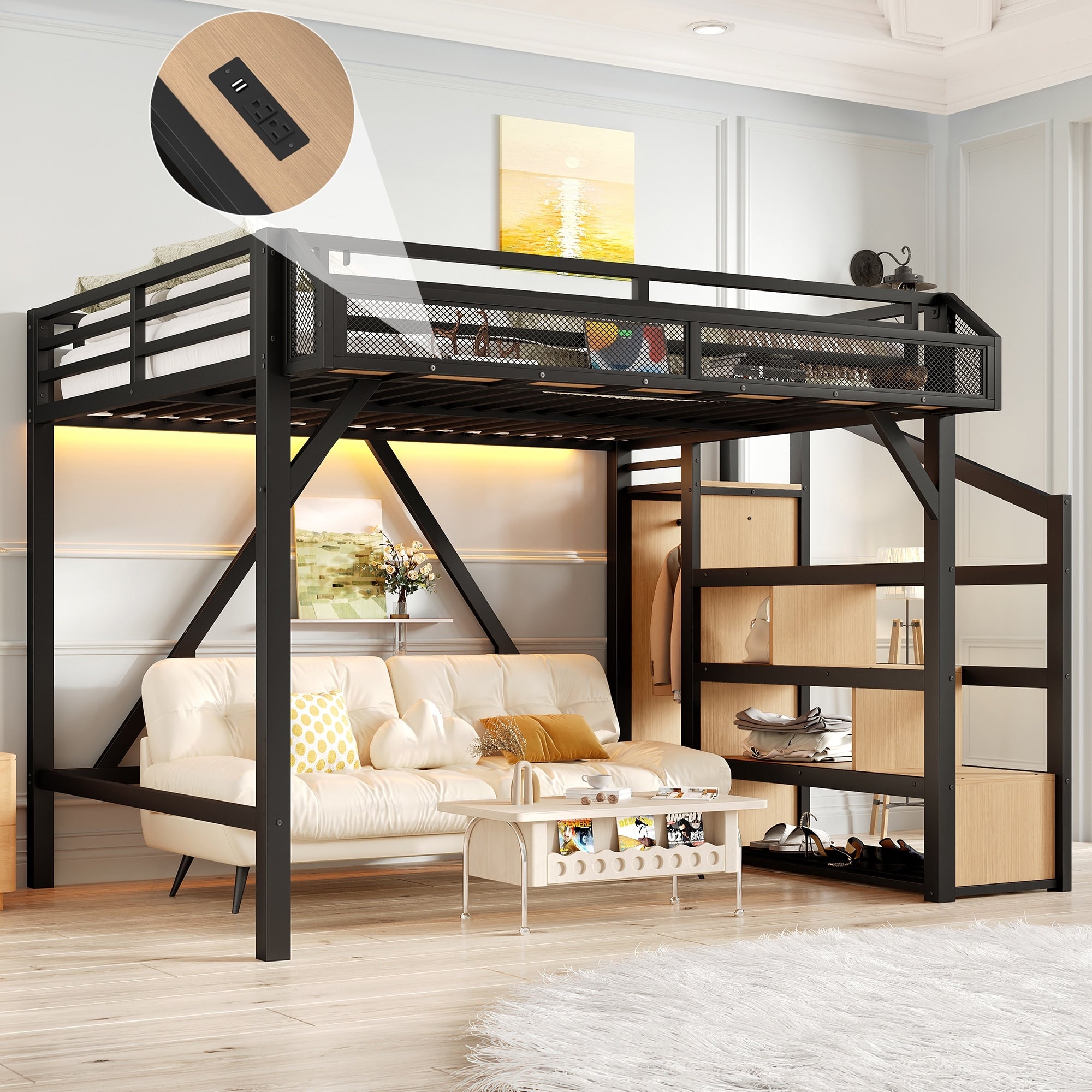 All In One Loft Bed With Wardrobe Storage Stairs Full Twin Xl Size Metal Frame With Usb Charging