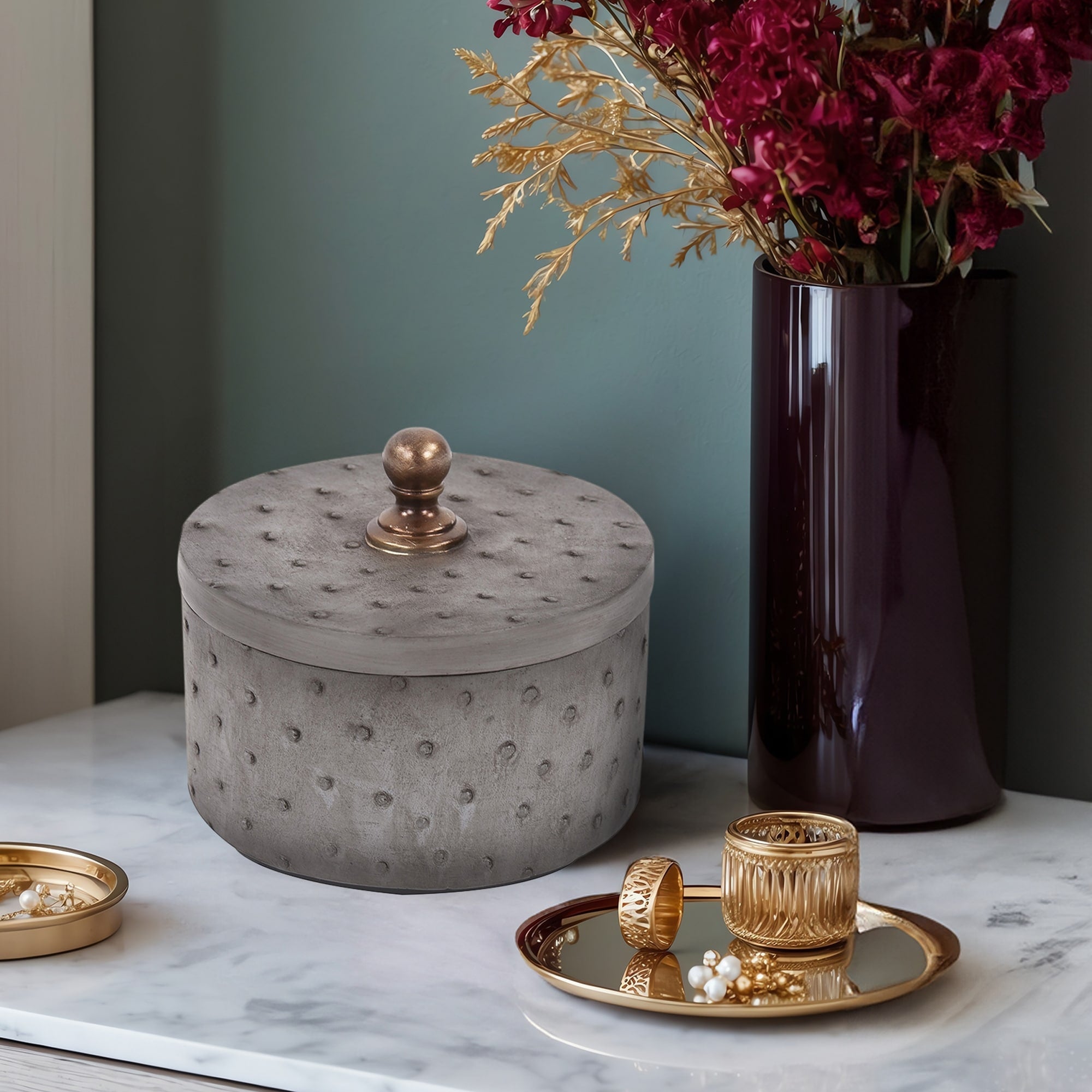 Round Faux Ostrich Skin Decorative Box Small 4H X 4W X 4D