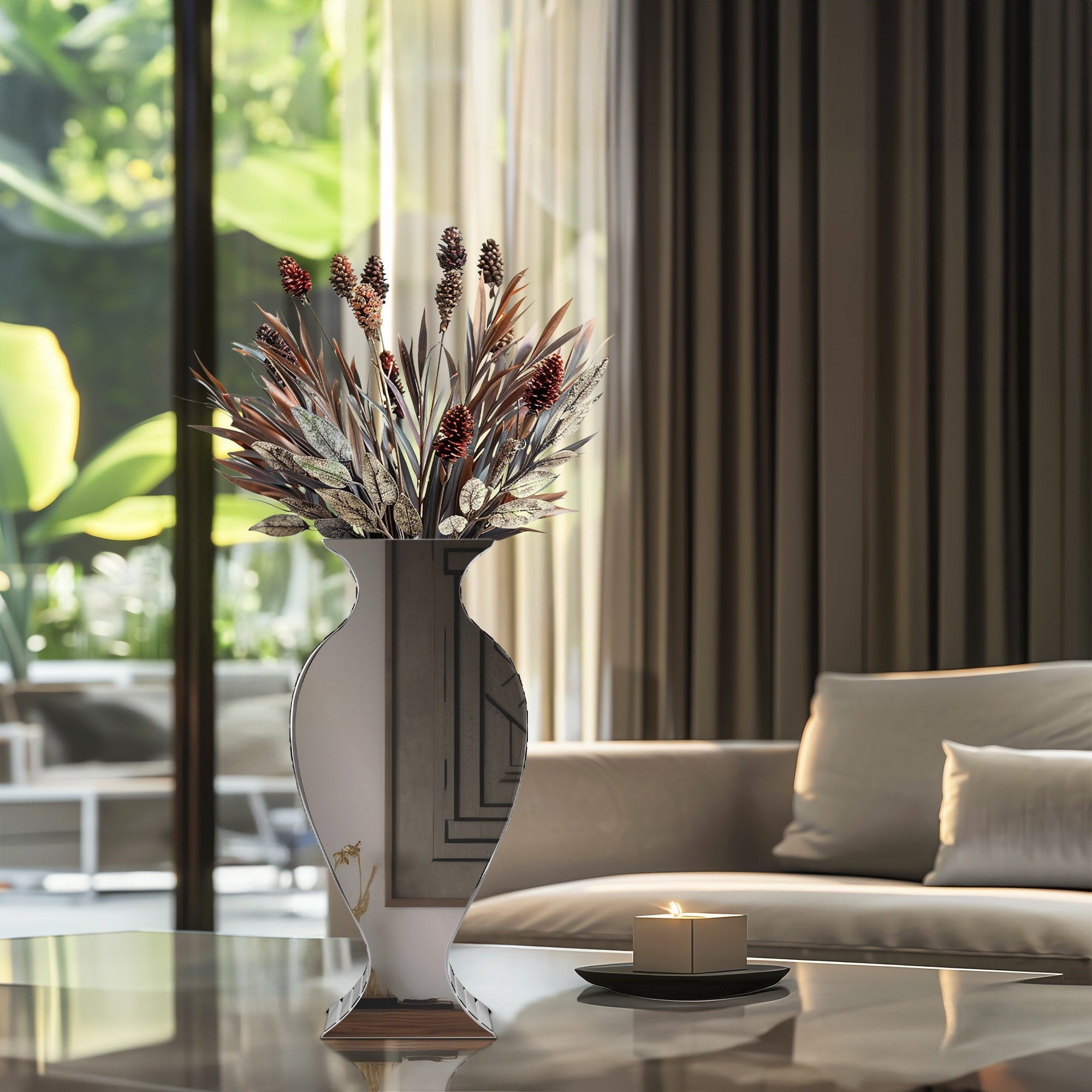 Tall Silver Rounded Mirrored Glass Vase
